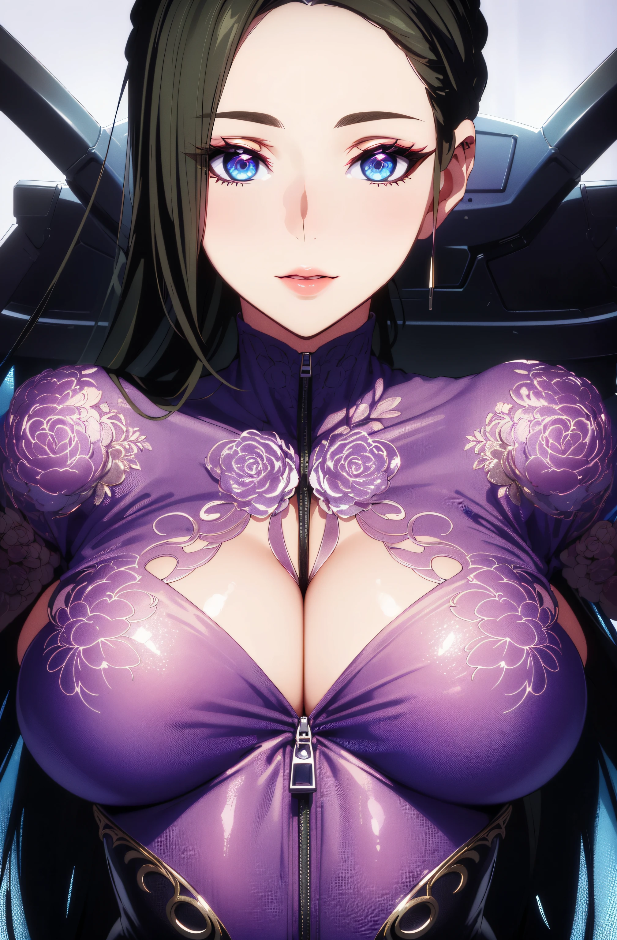 (masterpiece, best quality, 16k, 8k, ultra highres, plain white background, long hair, black hair, blue eyes, ponytail, highres:1.0), haruhiko_ichijou, makeup, purple lipstick, purple eyeshadow, beautiful face, hyperdetail face, hyperdetail bodysuit, half zipper open, cleavage, (((large breasts:1.2))), (((solo:1.5))), ((milf, mature female, 35yo)), gorgeous body, (((upper body, half body shot:1.5))), ((hyperdetail eyeshadow, hyperdetail lipstick)), (((looking at the camera, symetrical, sharp focus, intricate detail, elegant, concept art, cinematic))), (direct view:1.4),