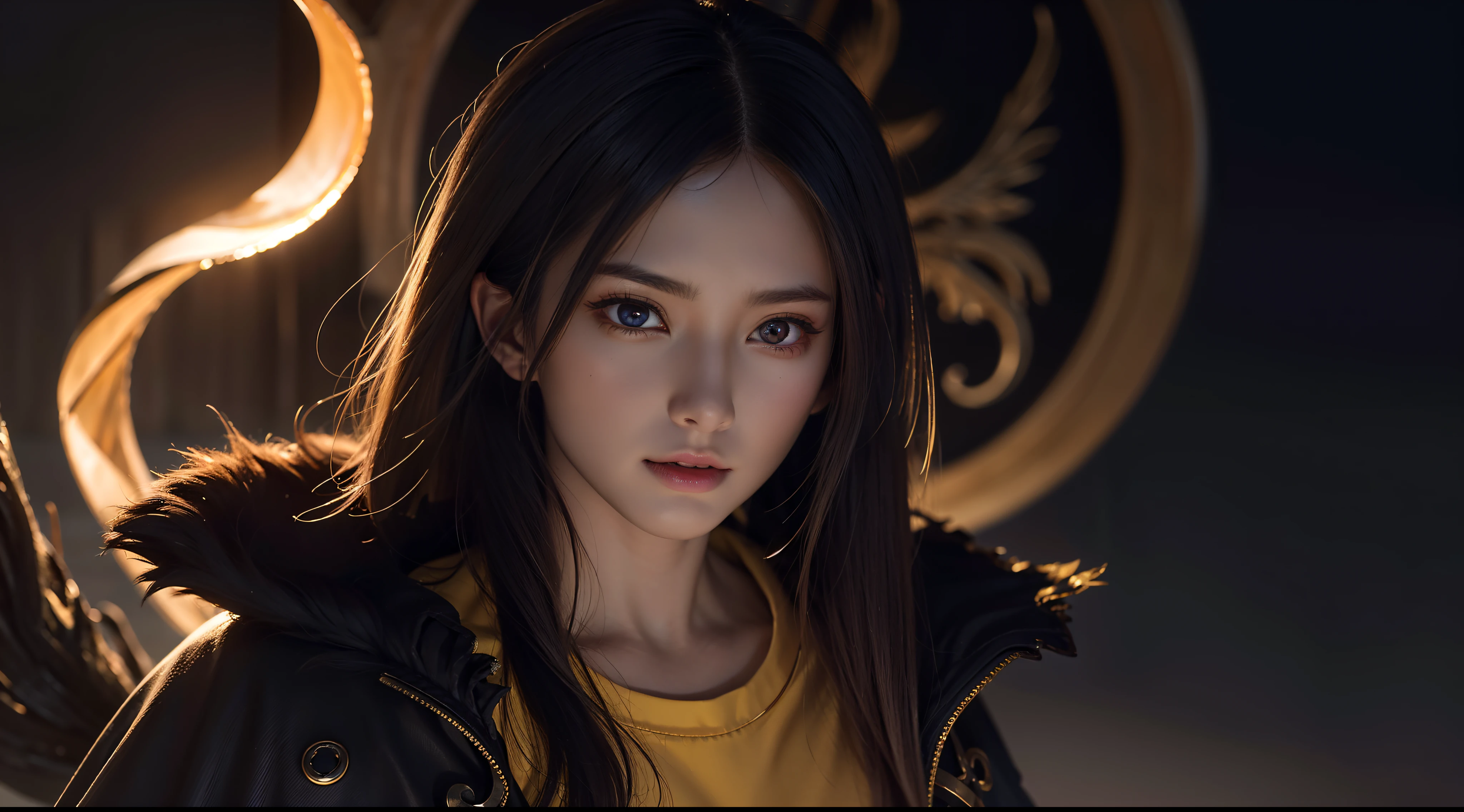 An 8k masterpiece, highest resolution, every detail, meticulous detail, depth of field, bright colors, beautiful composition: anime character Saitama with beautifully detailed glowing eyes, standing on a dark and ominous background. Yellow shirt, cape, This handsome demon slayer is the epitome of bad guys in the fantasy art world.