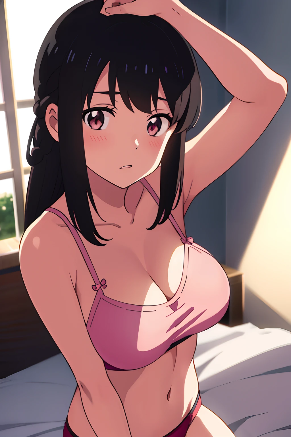 shinkai makoto, kimi no na wa., 1girl, bangs, black hair, brown eyes, waterfall braid, red ribbon, long hair, solo focus, blush, looking at the viewer, arms up, sexy pose, cute, bedroom, light pink bra, breast, medium breast, light pink panties, masterpiece, arms up, lying, lying on bedsheet, bedsheet