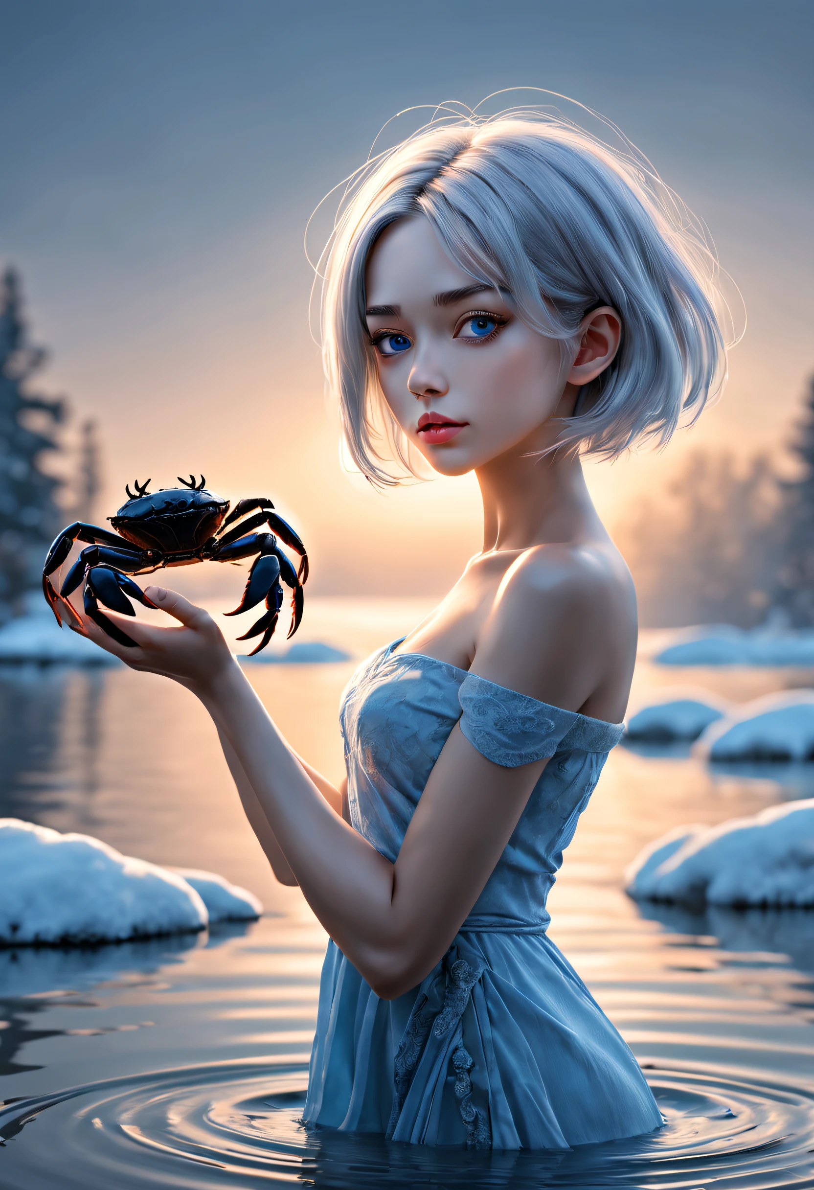 beautiful girl, catch a crab, sharp focus, 8k, perfect composition, trending on art station, award-winning photograph, cinematic smooth, intricate detail, highly detailed, slim body, silver short hair, blue eyes, full body, from below, splash, fractal art, god ray, river, snow, teen