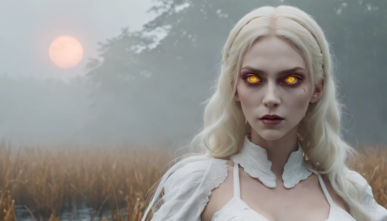 Half body shot of a blonde demon woman dressed in white in a foggy marsh, glowing yellow eyes, witch aesthetic, horror movie, cinematic sunset, sunset in the background, ultra detailed, photorealistic, masterpiece.