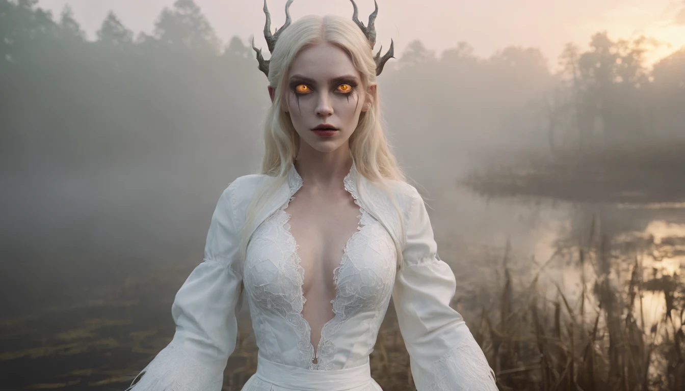 Half body shot of a blonde demon woman dressed in white in a foggy marsh, glowing yellow eyes, witch aesthetic, horror movie, cinematic sunset, sunset in the background, ultra detailed, photorealistic, masterpiece.
