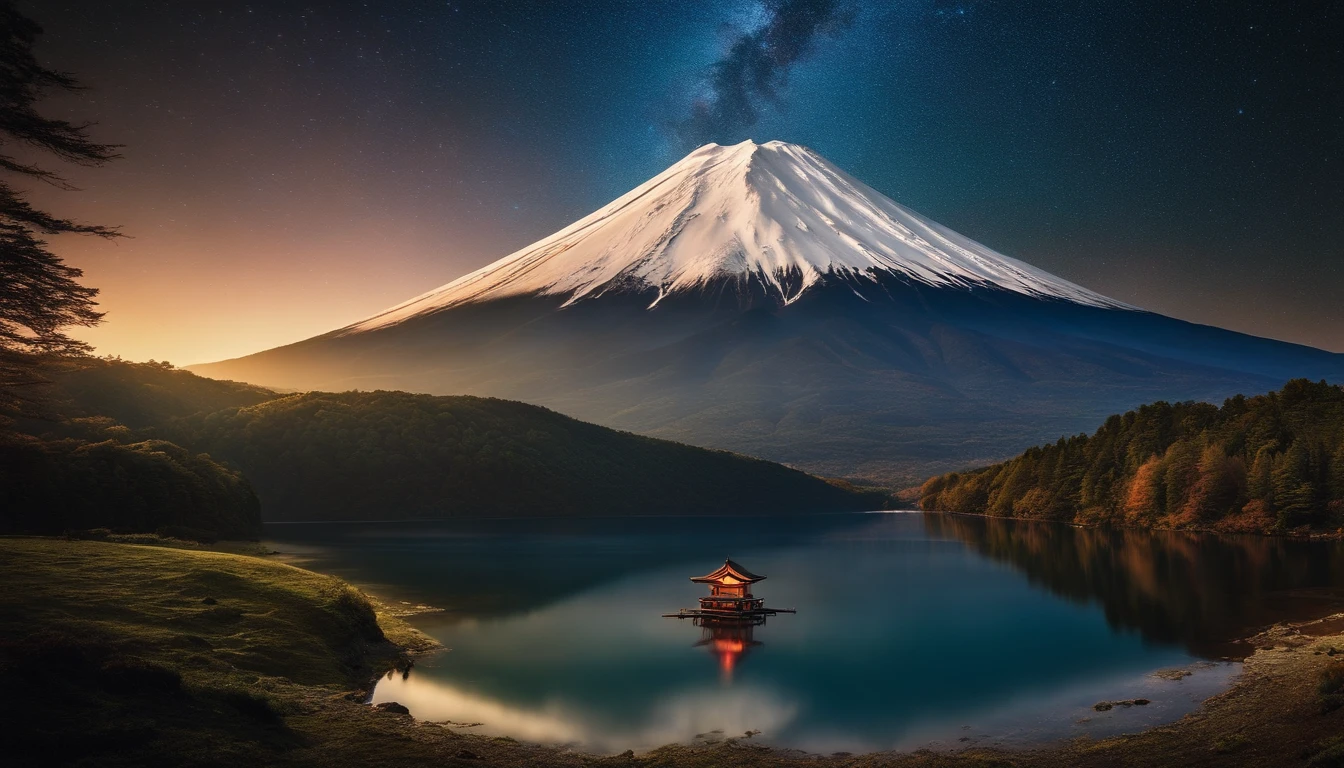 Master parts、Superior quality、Superior image quality、8K quality、、Beautiful picture of the starry sky、magnifica、arching milkyway:1.9、Mt fuji、Lake、valley