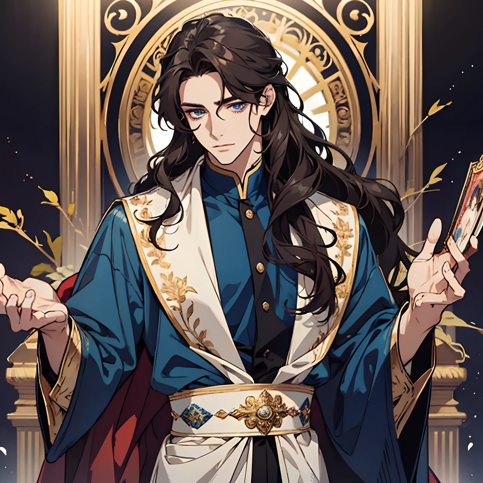 He is a graceful and stylish figure, dressed in colorful and regal attire, with wavy, dark hair and blue hazel eyes. man, anime