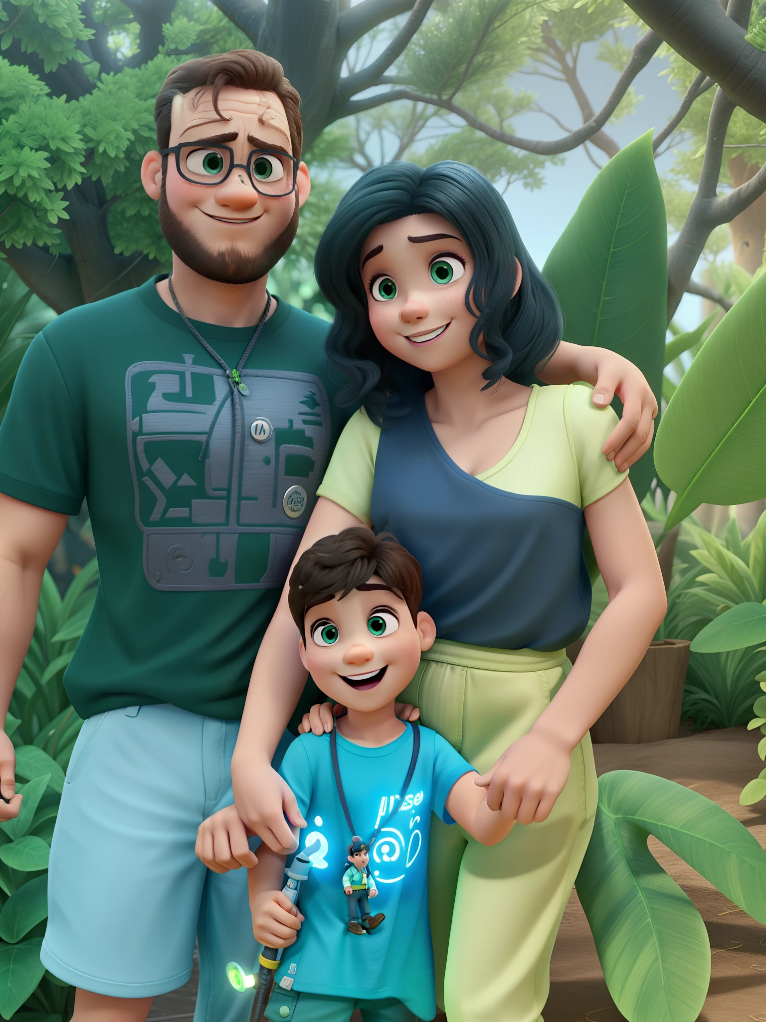 One family, com um homem, uma mulher e um , iluminados por uma luz verde, it's Disney Pixar style, with great quality, melhor qualidade