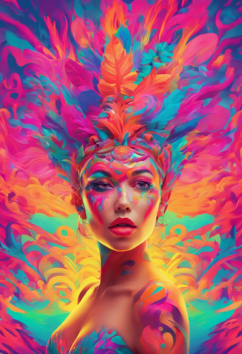 a woman with a neon makeup and headdress , transgressive art, sharp focus, 8 k, octane render , saturated colors, pastel colors