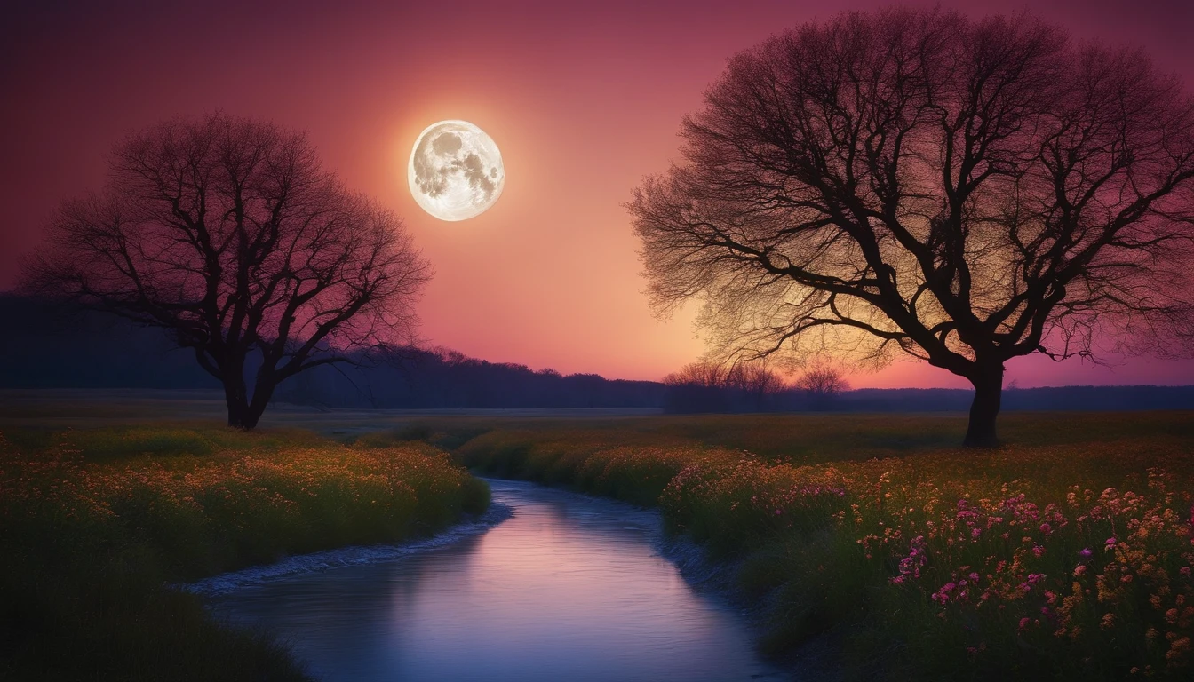 Night prairie glittering trees Meandering rivers Dotted flowers Vivid full moon