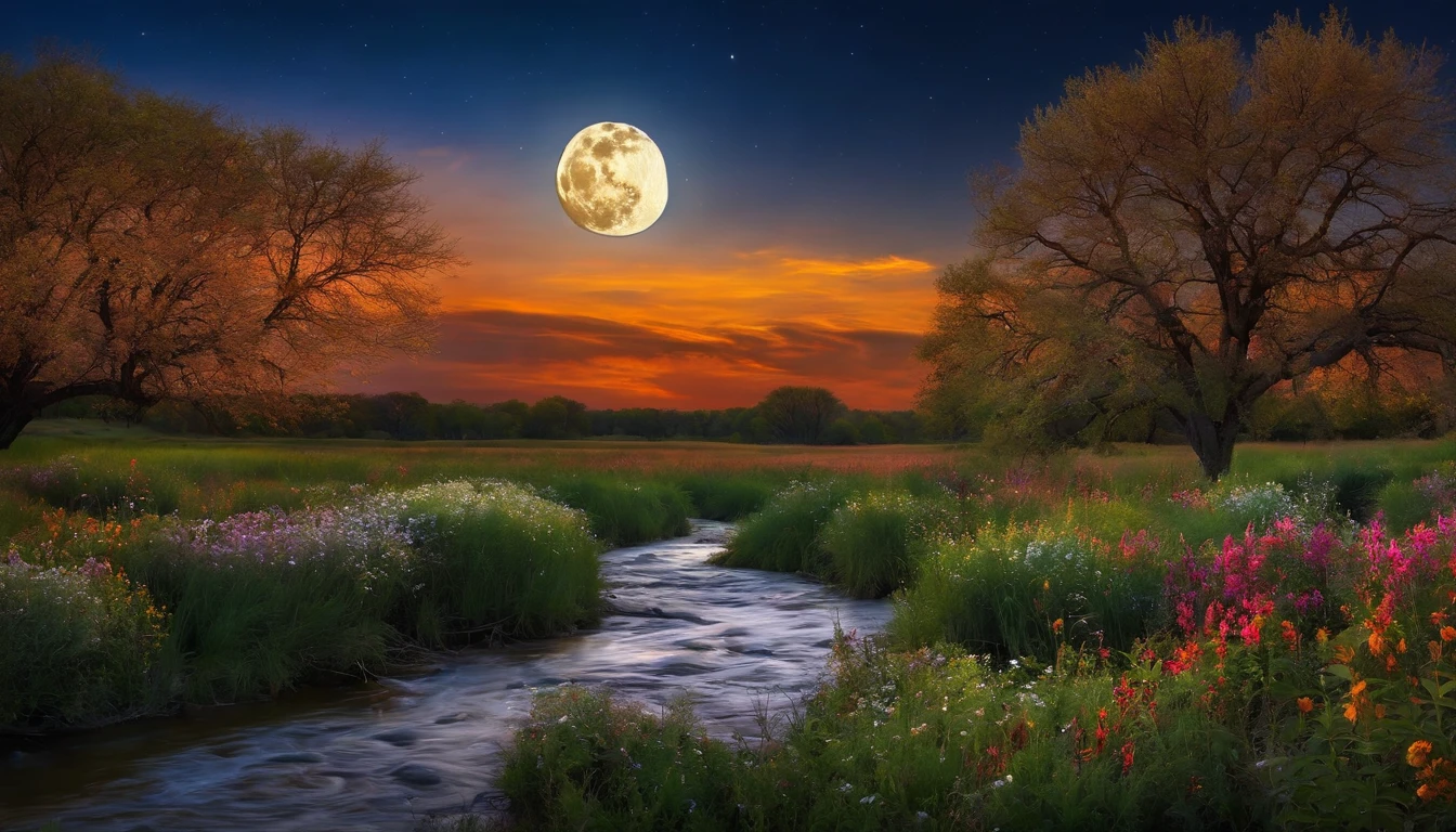 Night prairie glittering trees Meandering rivers Dotted flowers Vivid full moon