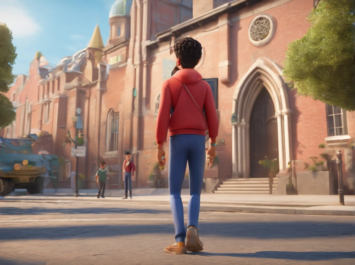 Create a cover-style image from the 3D Pixar movie How to Train Your Dagger of a young man dressed in a red shirt and a black backpack standing on the sidewalk. He is looking at the camera head on. The man wears a necklace with a brown wooden cross, which adds a stylish touch to his look. The backpack is placed on his back, indicating that he may be carrying some belongings. The scene captures a casual moment, with a church scene in the background.
