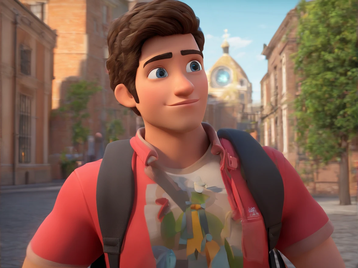 Create a cover-style image from the 3D Pixar movie How to Train Your Dagger of a young man dressed in a red shirt and a black backpack standing on the sidewalk. He is looking at the camera head on. The man wears a necklace with a brown wooden cross, which adds a stylish touch to his look. The backpack is placed on his back, indicating that he may be carrying some belongings. The scene captures a casual moment, with a church scene in the background.