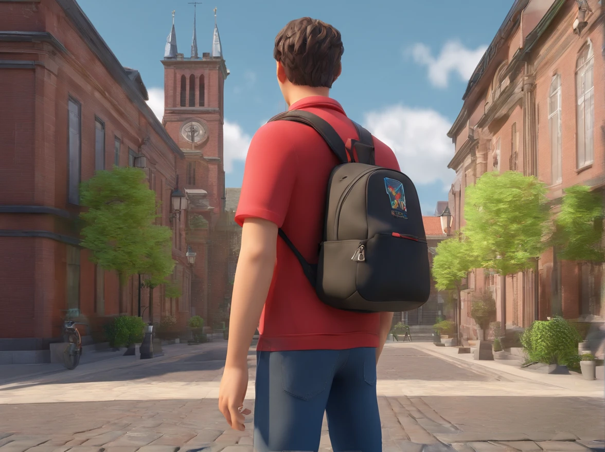 Create a cover-style image from the 3D Pixar movie How to Train Your Dagger of a young man dressed in a red shirt and a black backpack standing on the sidewalk. He is looking at the camera head on. The man wears a necklace with a brown wooden cross, which adds a stylish touch to his look. The backpack is placed on his back, indicating that he may be carrying some belongings. The scene captures a casual moment, with a church scene in the background.