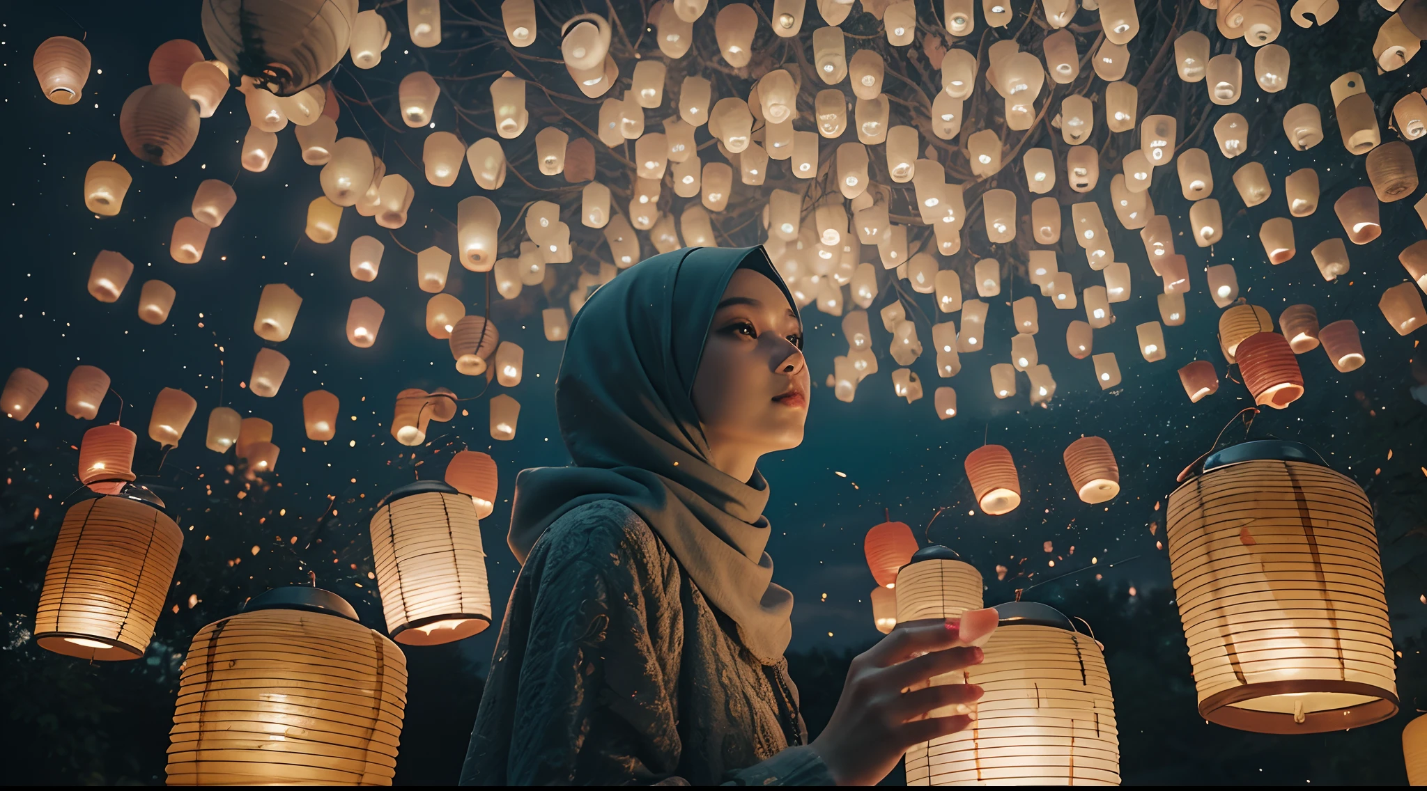 Place the Malay girl with hijab in a night sky filled with floating lanterns, creating a magical and ethereal atmosphere. She's releasing her own lantern into the sky, adding to the enchantment. Panavision DXL2, 28mm lens, Establishing shot, muted color grading, cinemascope, thriller, high quality, ultra detailed, 8k resolution,