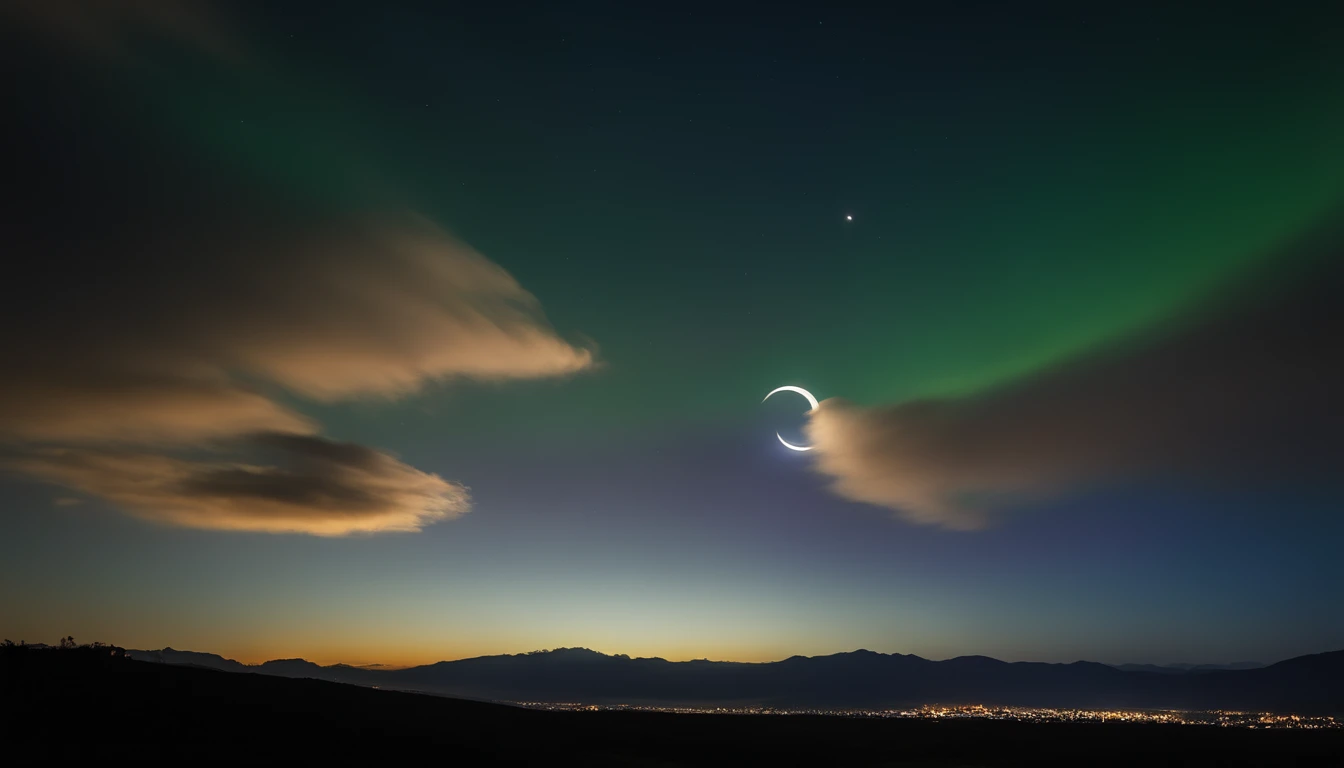 The view of the crescent moon and rainbow in the sky, shining crescent moon, Refracts the light of the moon, Green grass々There are also colorful solar eclipses, Iridescent sky, Crescent, beautiful moon light, Rainbow clouds, moon on sky, crescent moon in background, The moon shines dramatically, Empty moon, moon shining golden light, beautiful moon light, rays of moonlight