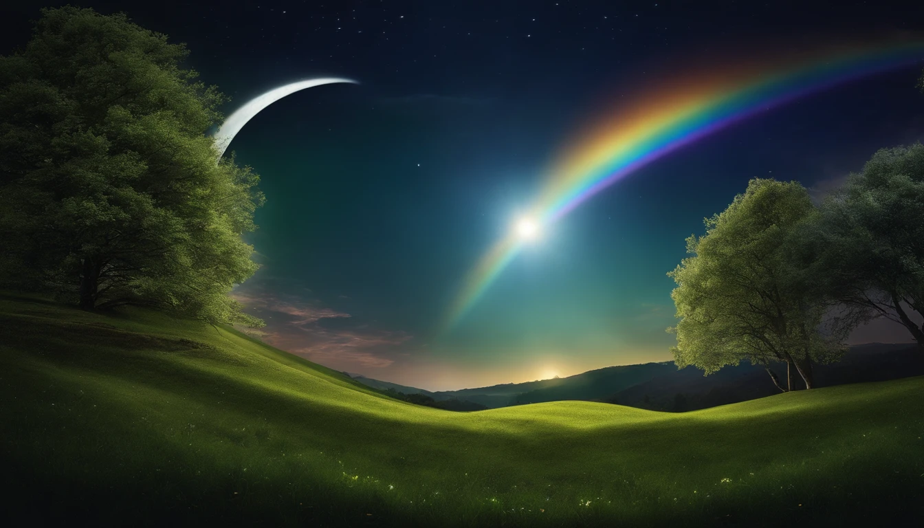 The view of the crescent moon and rainbow in the sky, shining crescent moon, Refracts the light of the moon, Green grass々There are also colorful solar eclipses, Iridescent sky, Crescent, beautiful moon light, Rainbow clouds, moon on sky, crescent moon in background, The moon shines dramatically, Empty moon, moon shining golden light, beautiful moon light, rays of moonlight