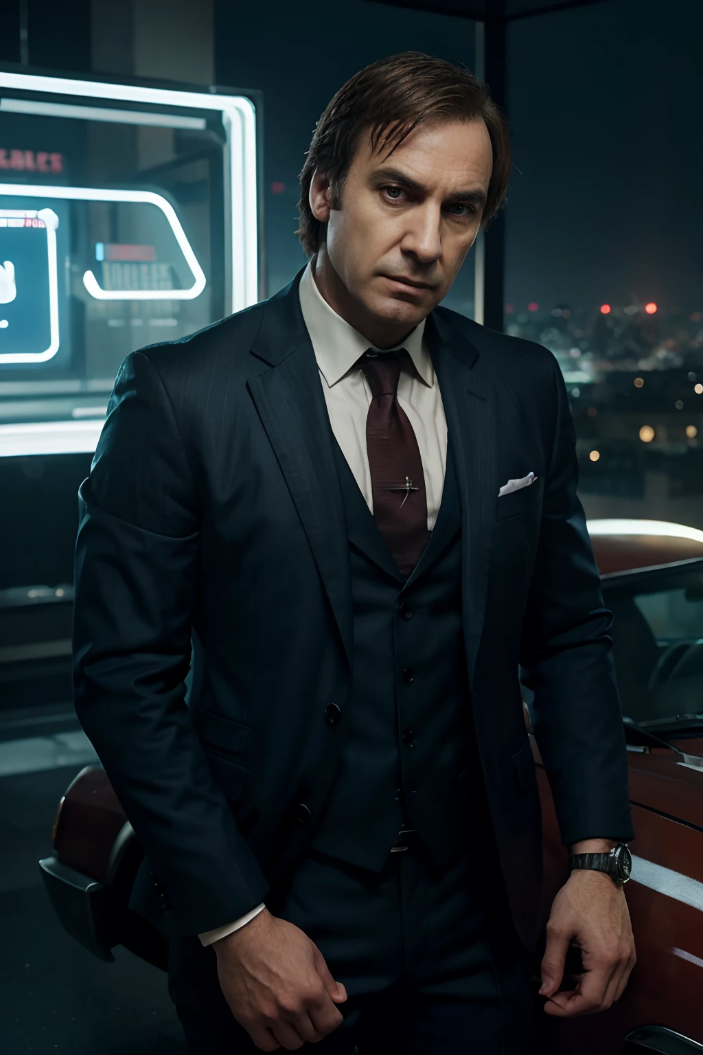 Imagine a promotional poster that seamlessly merges the world of Breaking Bad's infamous character Saul Goodman with the gritty, criminal underworld of Grand Theft Auto V. In this poster, Saul Goodman, known for his sharp wit and cunning legal skills, transforms into a mafia character ready to take on the chaos of Los Santos.
Saul Goodman, with all his slick charm, stands confidently at the forefront. He's dressed in a perfectly tailored, vibrant blue suit that oozes style and sophistication. The suit is impeccably accessorized with a crisp white shirt and a matching blue tie, completing his dapper appearance.
In the backdrop, the sprawling, neon-lit cityscape of Los Santos comes to life. Skyscrapers pierce the night sky, and the city pulses with a wild energy, hinting at the mayhem that awaits in the criminal underworld.
Saul Goodman's expression is a mix of confidence and smugness, as if he knows he's about to outsmart and outmaneuver anyone who crosses his path in this unforgiving world. Whether you're seeking legal advice or running from the law, Saul is the man for the job.
This poster captures the essence of the character, seamlessly blending his charm and legal expertise with the thrilling and chaotic world of GTA V's criminal underworld