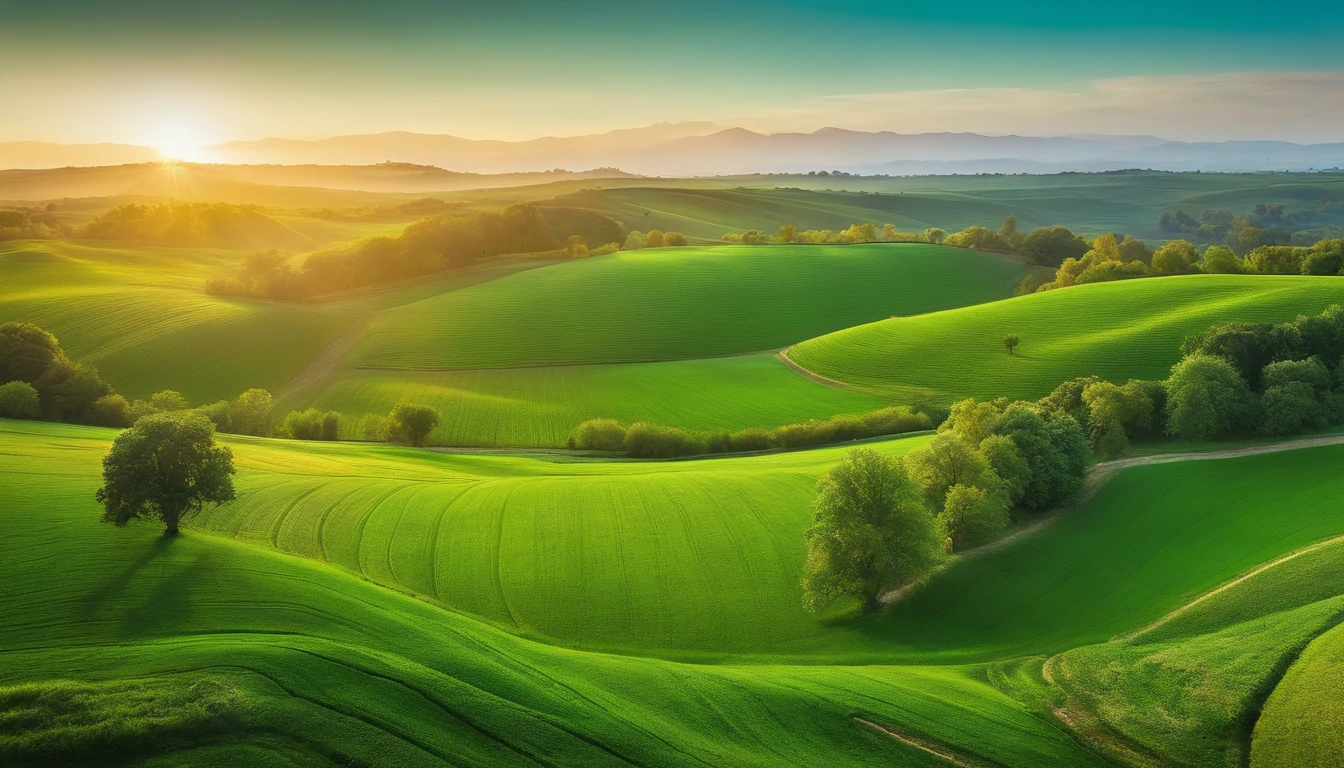 Image of green fields and fruit trees,Represents the vegetation created by God.
