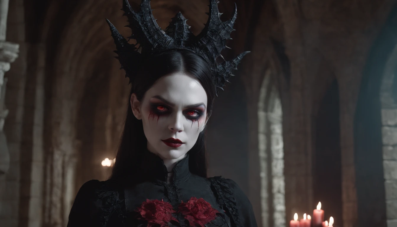 Masterpiece, highest quality, 8K HD, 1 vampire girl, Scary atmosphere, Gothic, open mouth, vampire teeth, bared fangs, blood red lips, bleeding mouth, greedy licking tongue, (Night :1.8), long Burgundy hair, weird expression, elf ears, black lace dress, sexy, vampire, (Graveyard :0.8), (Exquisite European-style iron gate :1.4), full of thorns and roses, under the red moon, crown, bat, blood