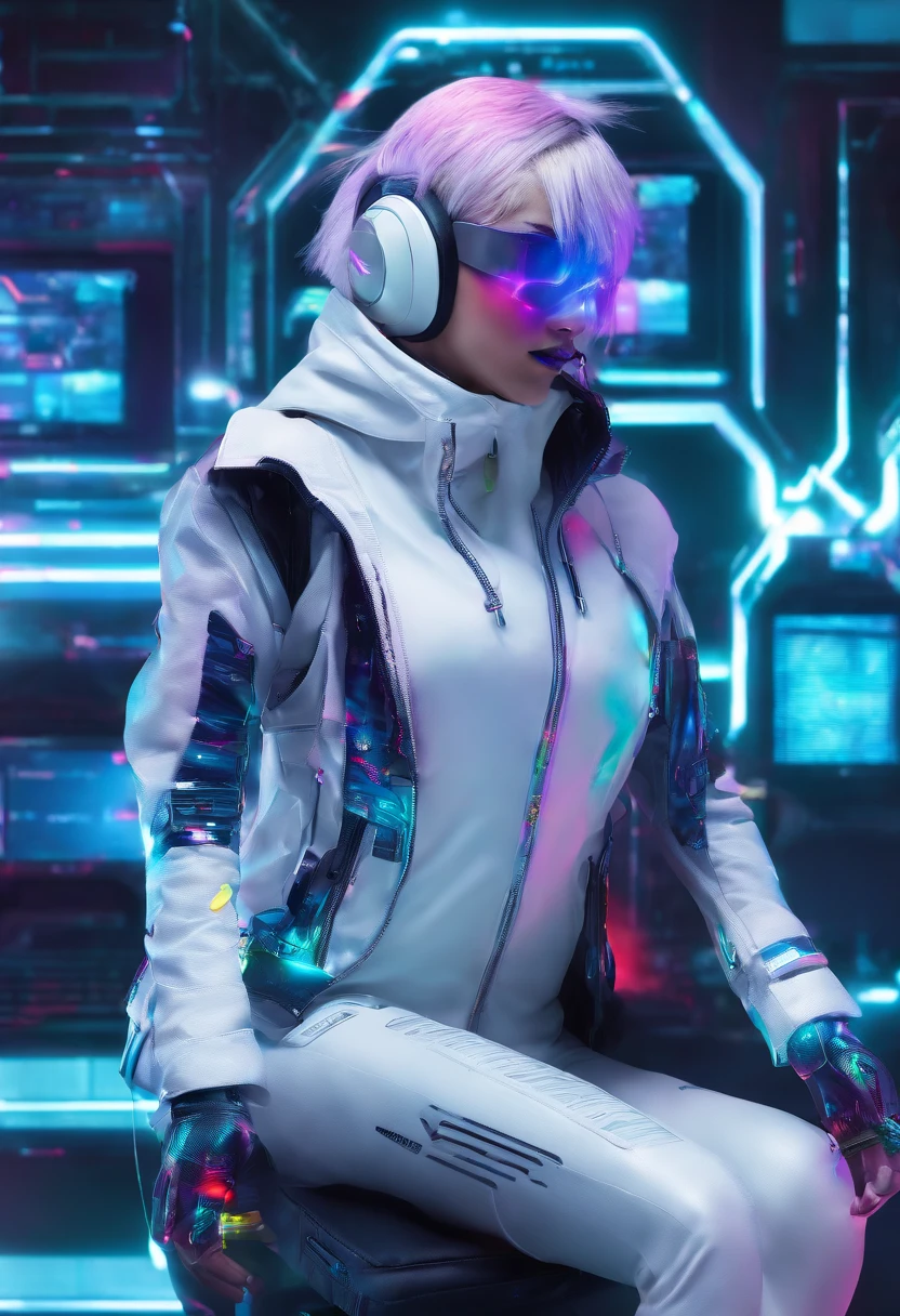 Hack girl style with laptop, White mechanical clothing, Silver short bob hair, Colorful pupils,Computer, Retro, cyber punk perssonage, Data center background, dark blue theme,