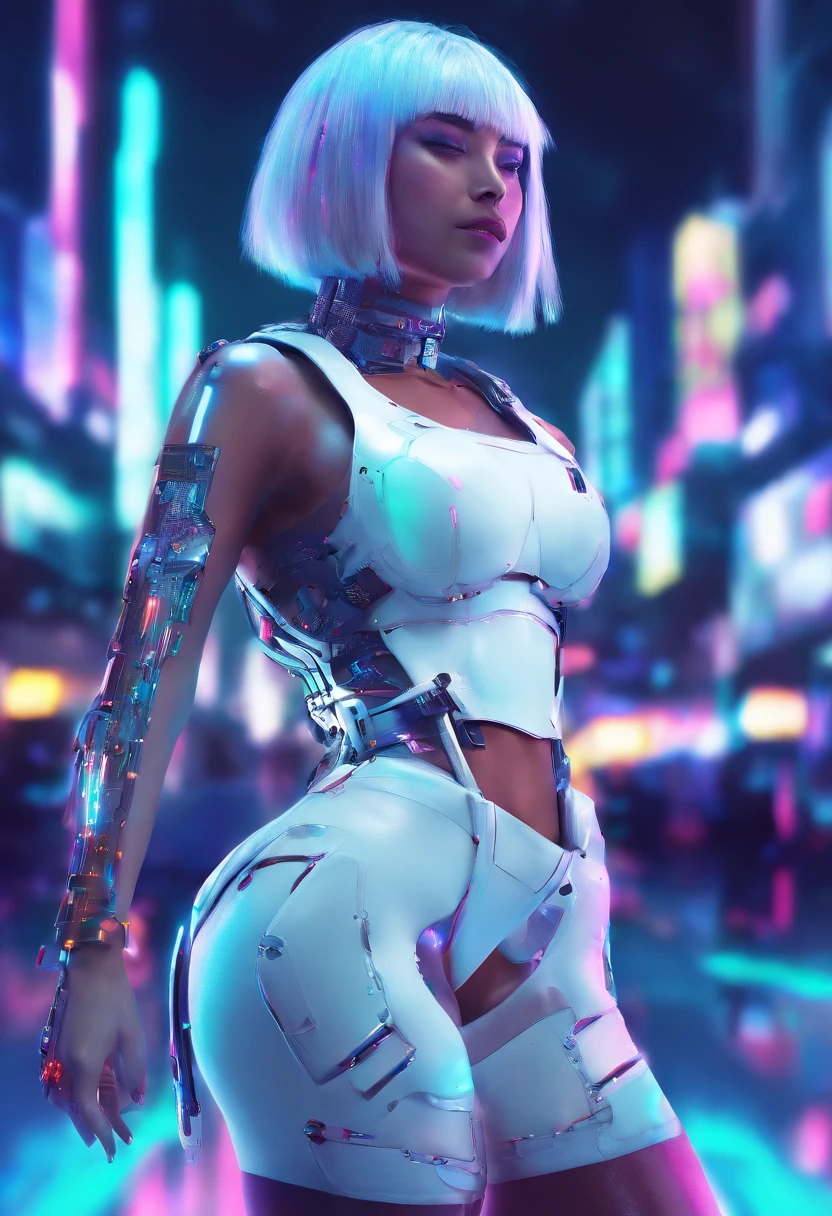 Hack girl style with laptop, White mechanical clothing, Silver short bob hair, Colorful pupils,Computer, Retro, cyber punk perssonage, Data center background, dark blue theme,