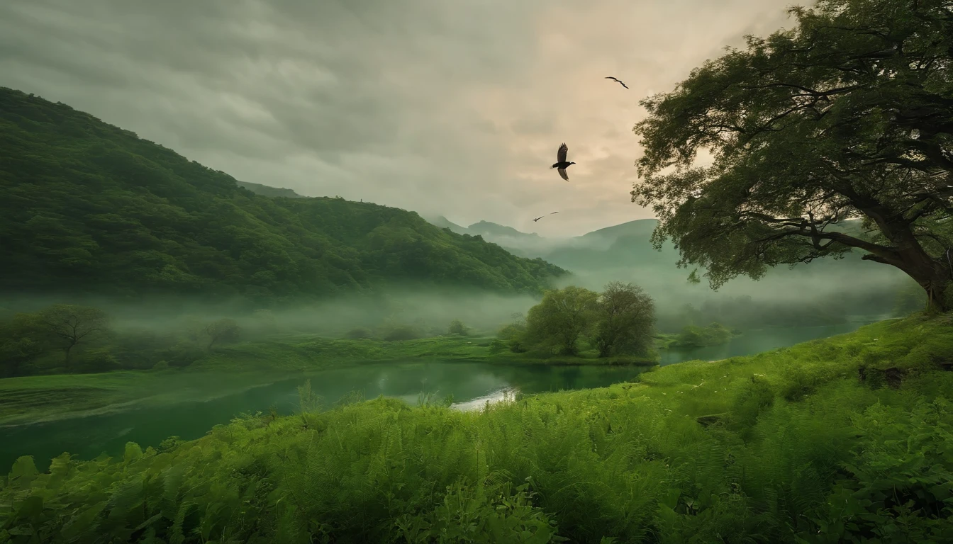 There are some trees and birds in the green area,The environment is a bit cloudy, A river