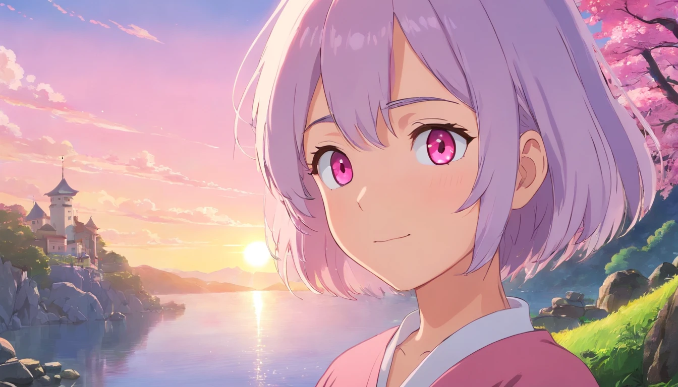 Pink girl with silver hair, Pink eyes, Very short hairstyle, A shy smile, hair clips, Long sleeves, Small chest, reflection, Contre-Jour, landscape, Light scattering, Transparency of the light, (bustup:1.2), (masutepiece). (Best Quality, 8K, hight resolution), Ultra-detailed, (Realistic), Vivid colors.