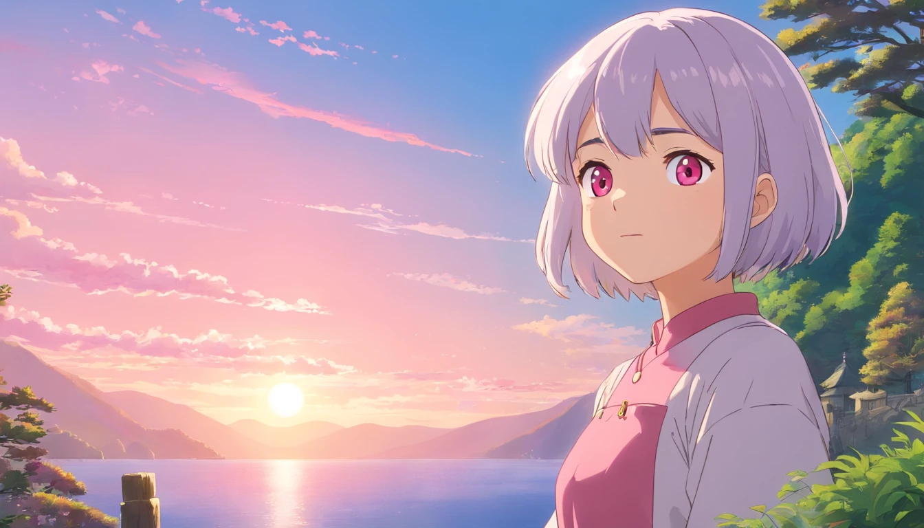 Pink girl with silver hair, Pink eyes, Very short hairstyle, A shy smile, hair clips, Long sleeves, Small chest, reflection, Contre-Jour, landscape, Light scattering, Transparency of the light, (bustup:1.2), (masutepiece). (Best Quality, 8K, hight resolution), Ultra-detailed, (Realistic), Vivid colors.
