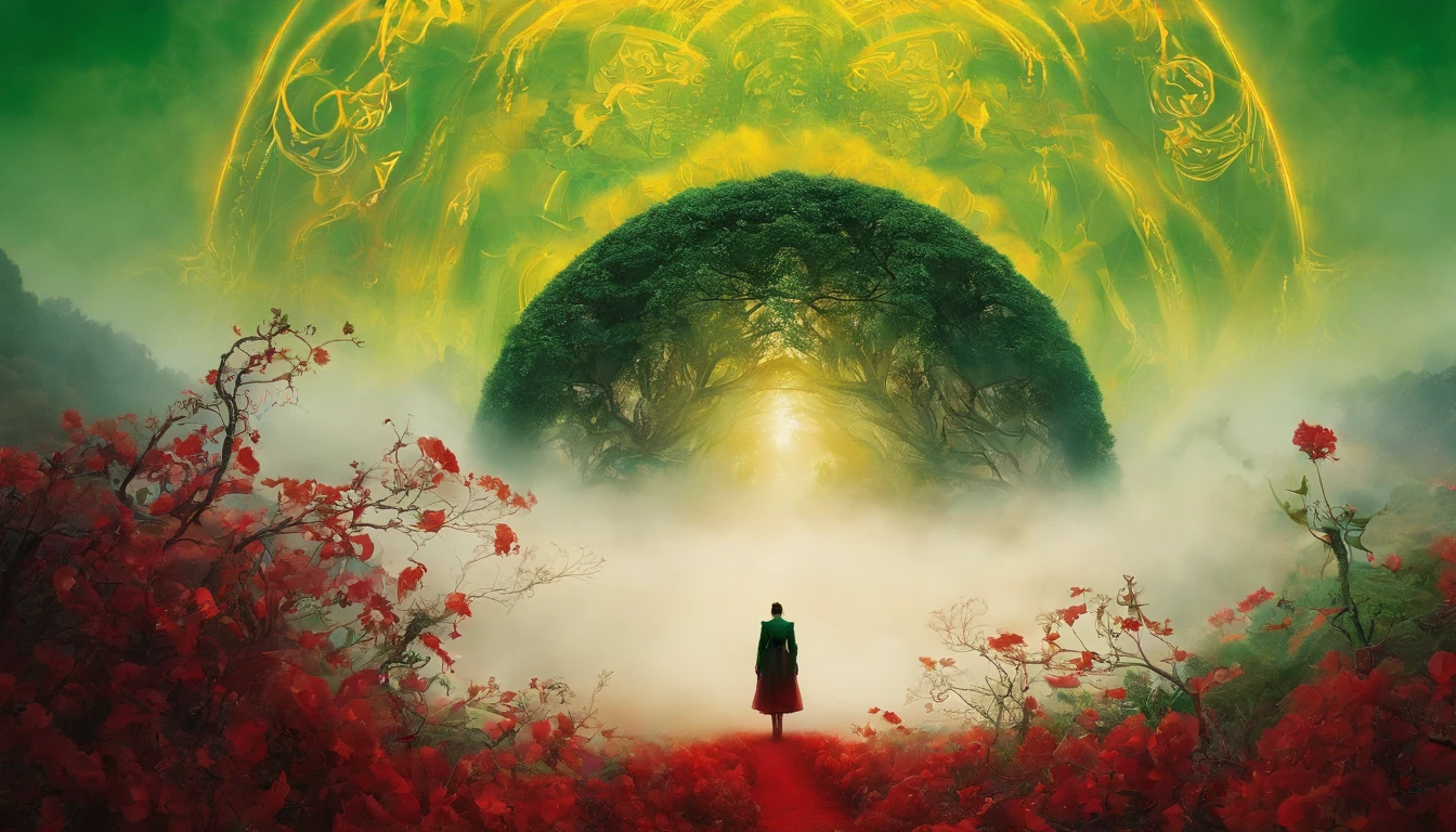 A red path in the middle of a green field, ((Giant sun)),Darren Budd's ultra-finely detailed paintings, shutterstock contest winner, neo-romanticism, soft mist, Made of fog, Deviant-art,Fujifilm XT3,author：Steve McCurry, author：Alessio Albi, by Lee Jeffries, author：Herb Ritts, author：Jeremy Mann，Long shot,Wide view, commerciaphotography