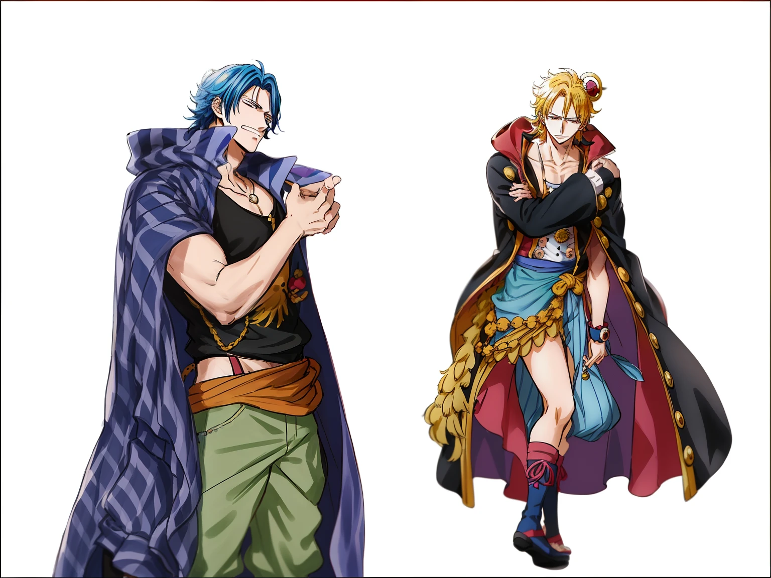 two cartoon characters from one play and one piece of a man, Bestes Anime-Charakterdesign, from one piece, oda nicht, Zwei unterschiedliche Charaktere, Detaillierte Anime-Charaktergrafik, Everyone wears the right period clothes, O - Yoroi, Stil von Masami Kurumada, Eiichiro Oda-Stil, Es gab acht Anime-Leute, Zwei Charaktere, Hochwertiges Charakterdesign, Both fight against each other