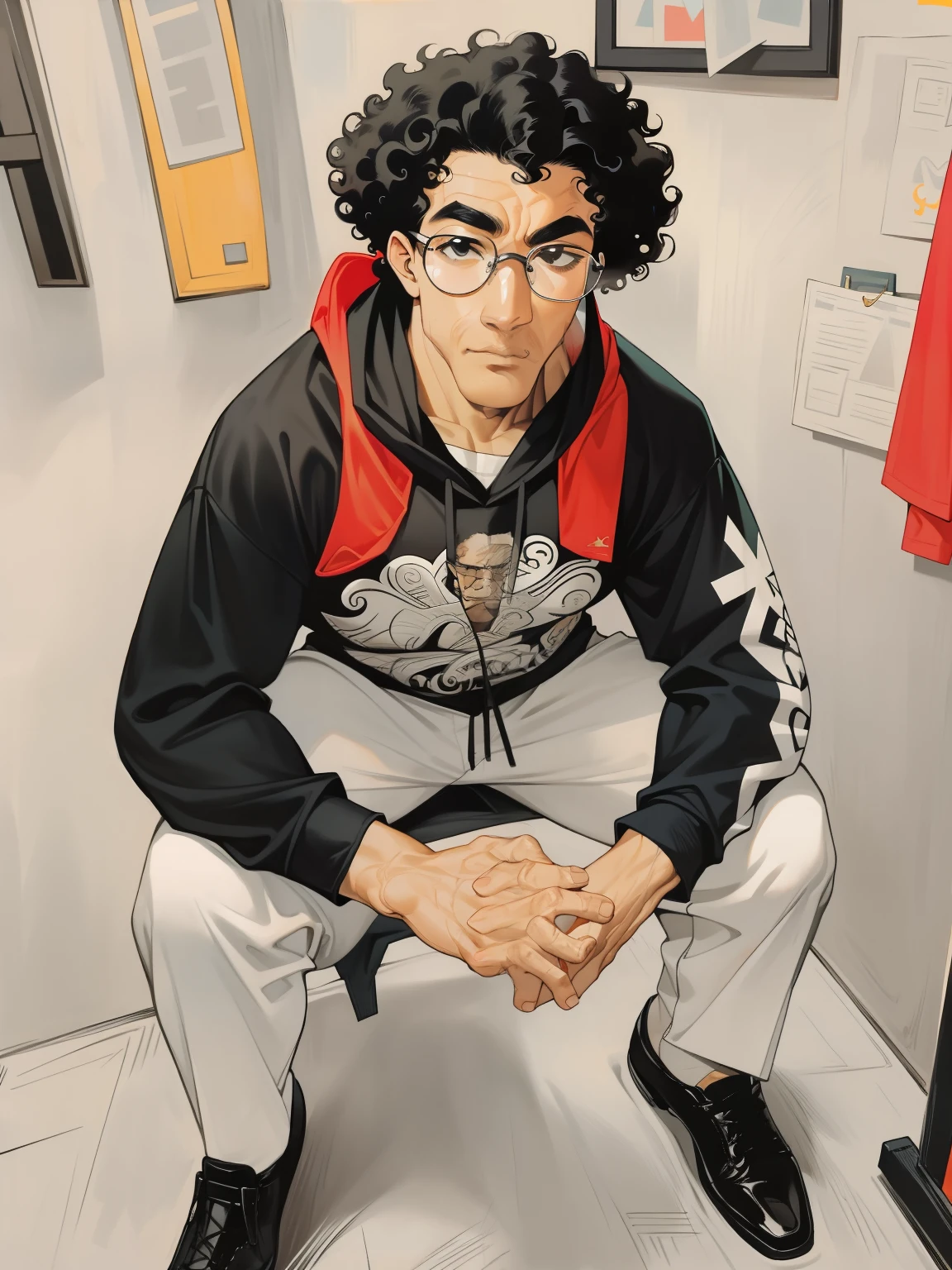handsome man in a black hoodie, a hispanic man with a curly afro, curly black hair, around 19 years old, intense stare, glasses, wearing glasses, with afro, curly afro, curls on top of his head, curly haired, with no beard, faint moustache, handsome, perfect face, strong jawline, intimidating, chiseled features, rough-hewn appearance, sitting down, red backpack, muscular frame, muscular arms, detailed hands, anatomically correct hands, perfect fingers