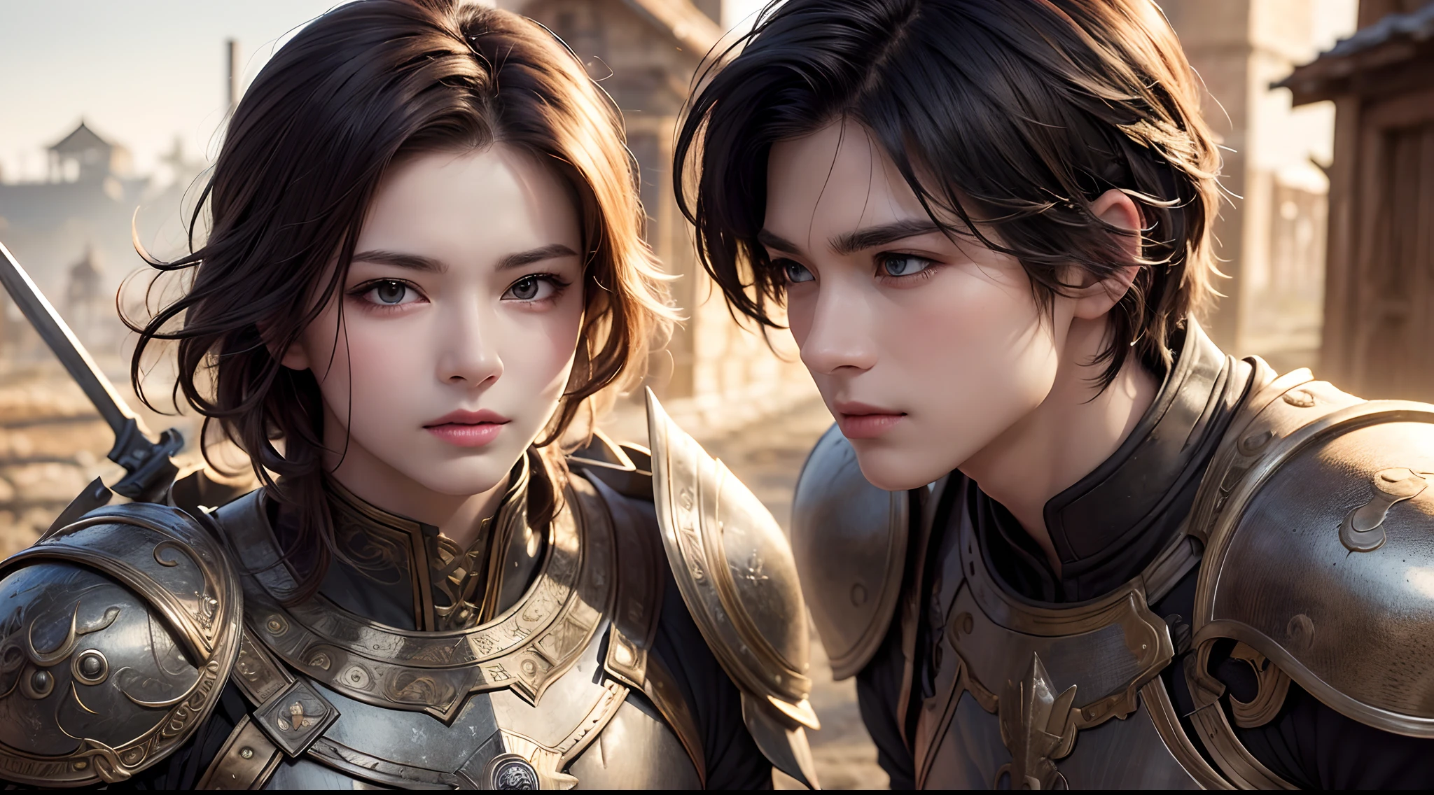 (16k, masterpiece, best quality), ultra-detailed, detailed beautiful round eyes, beautifully detailed face, high quality, high resolution, perfect anatomy, a male warrior, in the village, short hair, hero, village background, looking into the distance, action pose