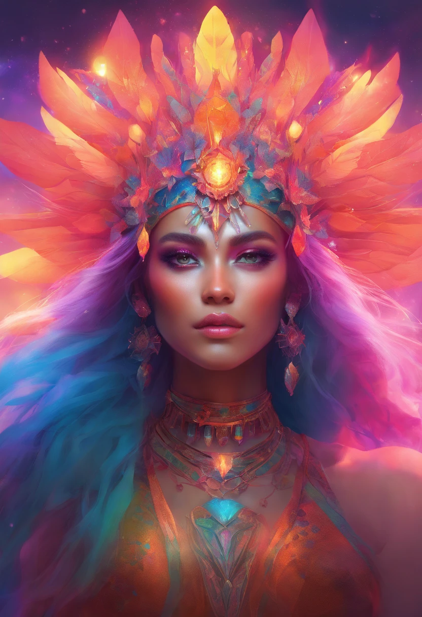 a woman with a neon makeup and headdress , transgressive art, sharp focus, 8 k, octane render , saturated colors, pastel colors