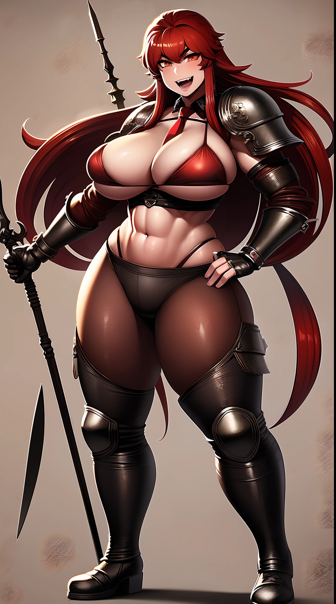 masterpiece, best quality, tomboy, warrior, berserker, tall female, muscular female, living hair, sauvage,, medieval clothing, fantasy, fantasy weapon, huge breasts, barbarian pants, combat boots, red hair, crazy smile, open mouth, biceps, necktie, thick arms,long hair,pants, pullover,medieval armor, staff holding