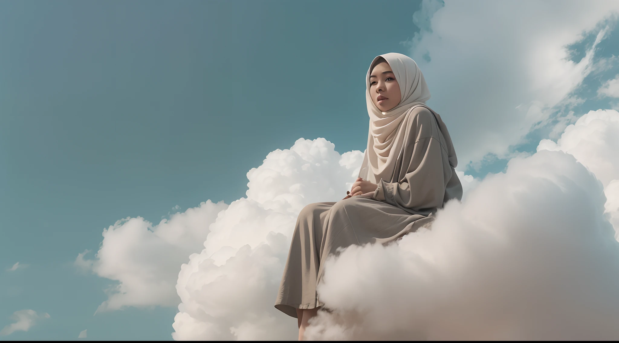 Capture the Malay girl in hijab sitting on a fluffy cloud high in the sky. The cloud acts as her personal retreat in the sky, suspended above the world below, 28mm lens, Establishing shot, muted color grading, cinemascope effect, high quality, using Panavision DXL2 camera,