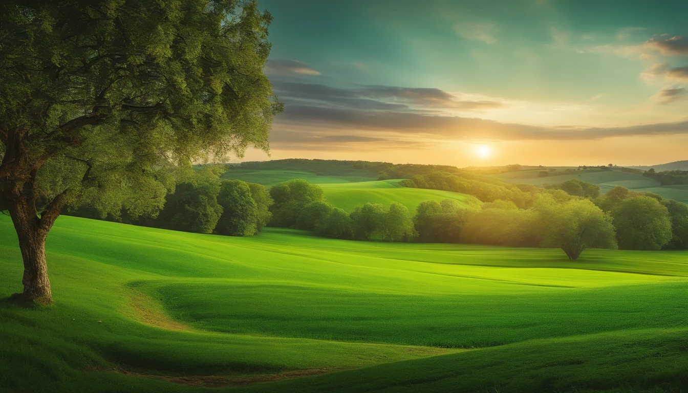 Image of green fields and fruit trees,Represents the vegetation created by God.