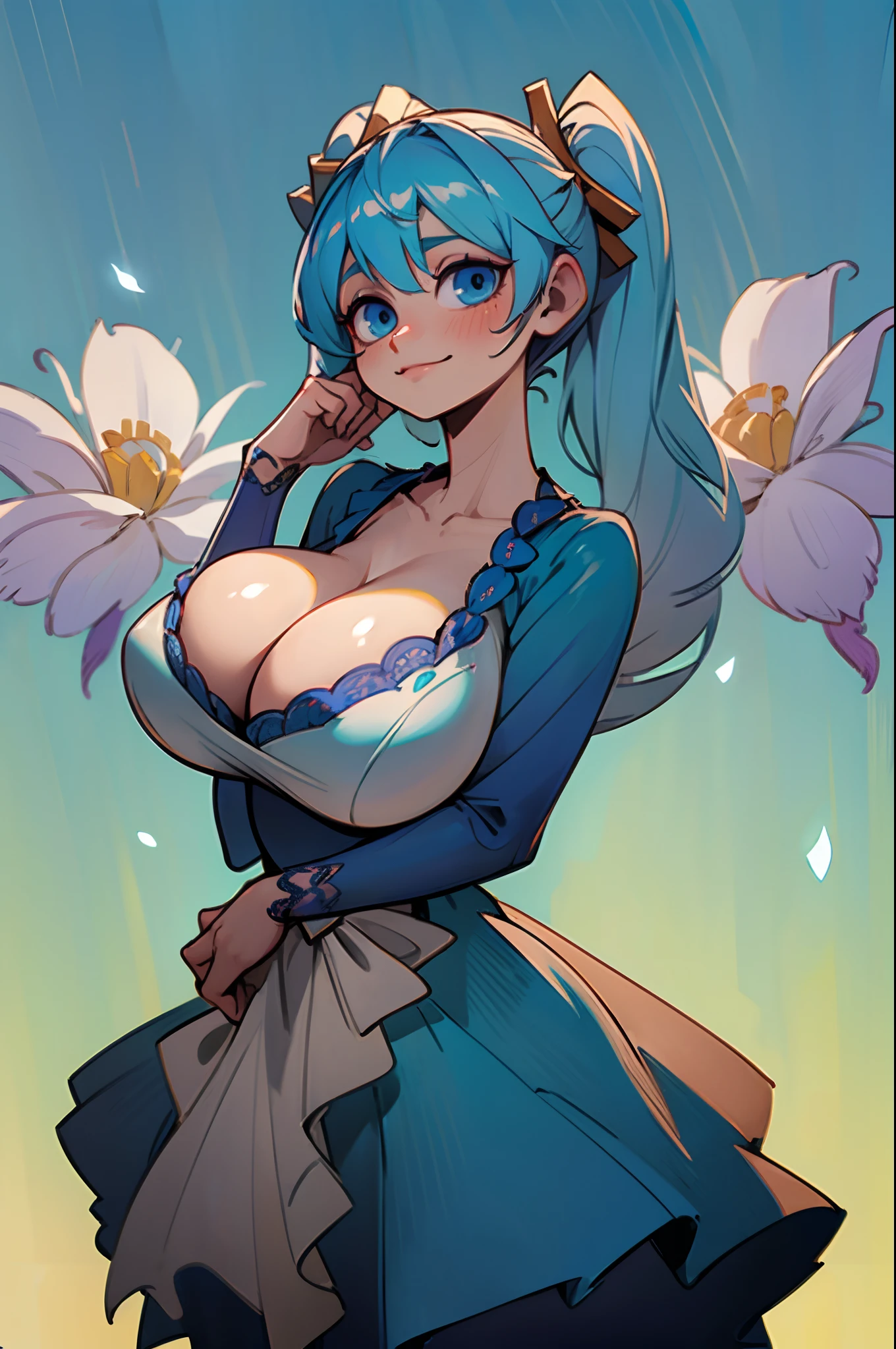 masterpiece, best quality, ultra-detailed, illustration, colorful, falt color, depth of field, lens flare, 1girl, sona \(league of legends\), blue hair, blue eyes, gradient hair, twintails, hair ornament, anime, (shortstack), (shortstackBT), (closeup), (upper body), cowboy shot, looking at viewer, at forest, (bride, flowers, white bridal lace dress, veil, cleavage), short height, detailed skin texture, beautiful detailed face, smile, seductive, alluring attire, collarbone, (gigantic breasts, saggy breasts, huge breasts, curvy, voluptuous, curvaceous)