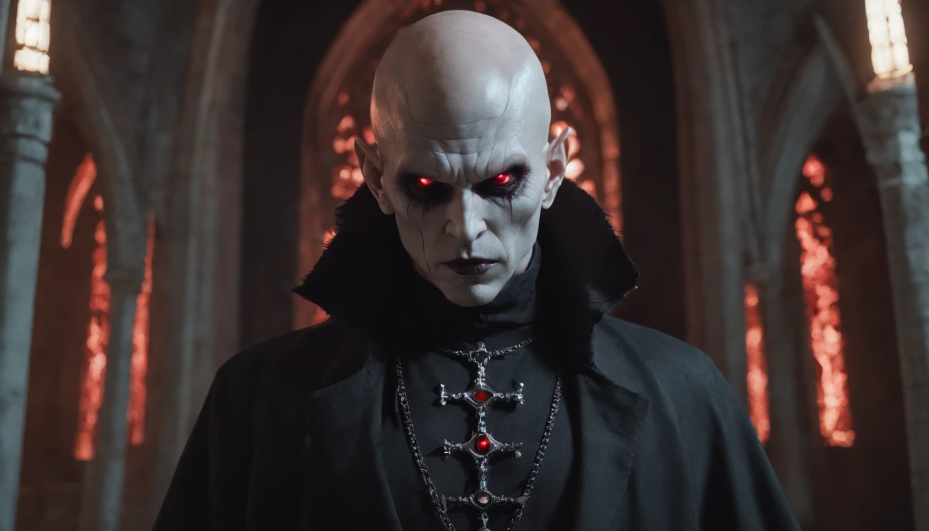 Half body shot of a creepy demon man in a Gothic church at night, pale white skin, red glowing eyes, bald demon man, creepy demon man, darksynth aesthetic, horror movie, cinematic, dark ambient, ultra detailed, photorealistic, masterpiece.