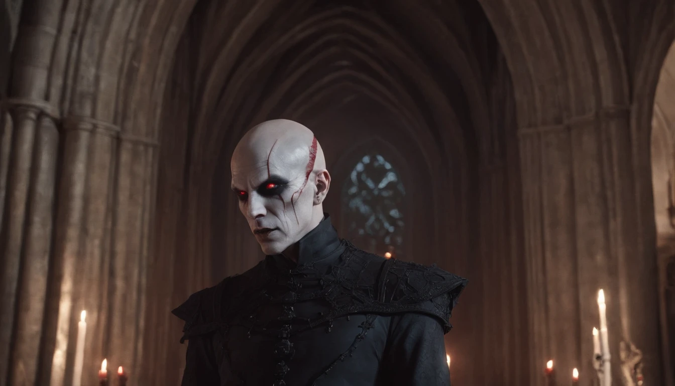 Half body shot of a creepy demon man in a Gothic church at night, pale white skin, red glowing eyes, bald demon man, creepy demon man, darksynth aesthetic, horror movie, cinematic, dark ambient, ultra detailed, photorealistic, masterpiece.