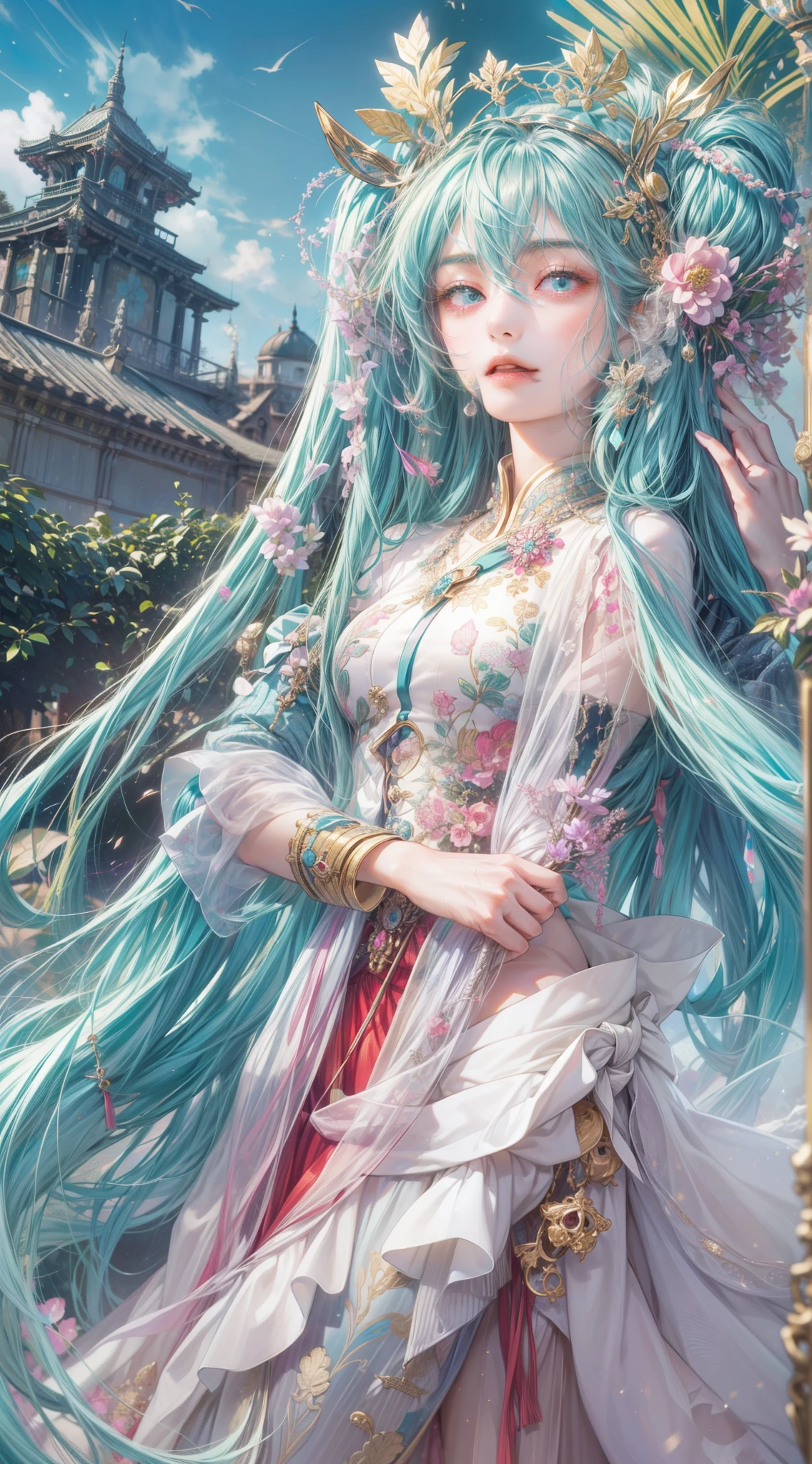 Absurdres masterpiece HDR high quality picture of Hatsune Miku, detailed face, detailed hair strands, beautiful face, simple pose, very long hair, ((random hair style:1 )) , anime eyes, light skin ,
Wearing empress outfit , detailed hair ornaments , beautiful background, masterpiece scenery