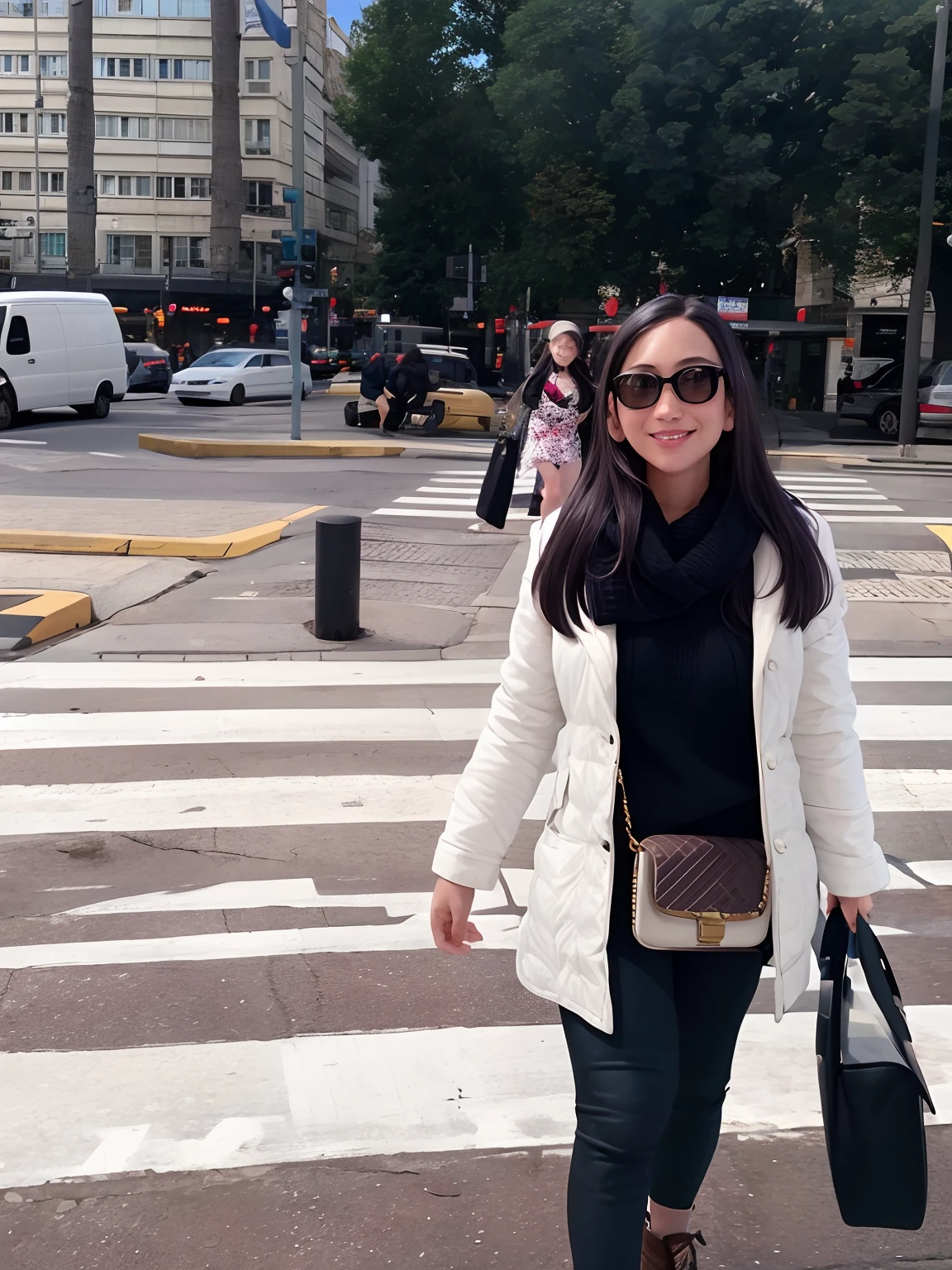 Woman walking across a crosswalk in a city with a handbag, standing in a city center, foto de rua, standing in the street, standing on street corner, no meio da cidade, standing in street, standing in a city street, standing in street, em barcelona, na cidade, Travessia de estrada, vagando pela cidade, in a city square