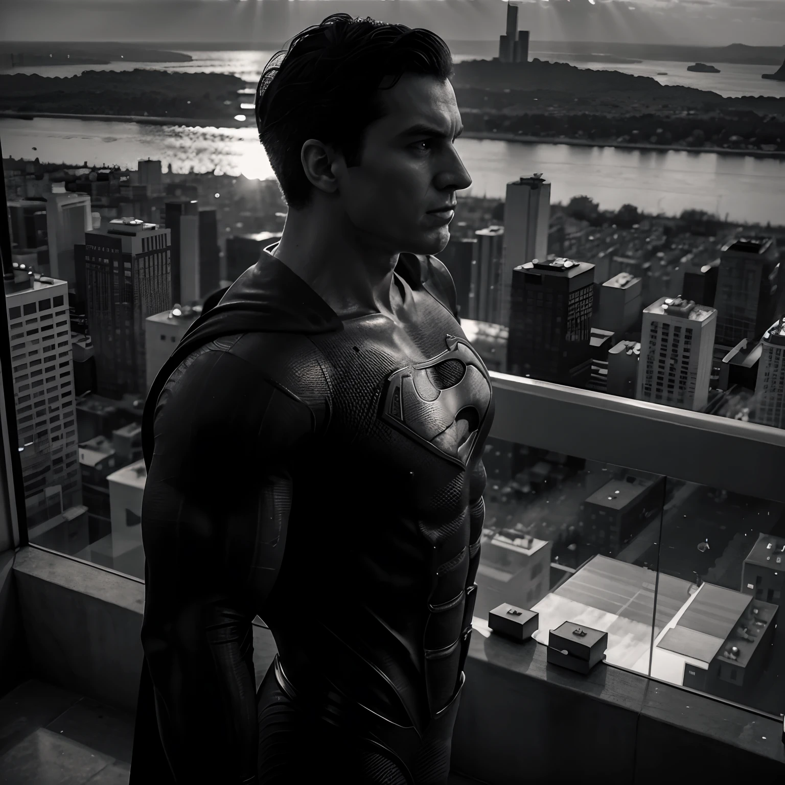 Full-body monochrome Superman in imposing posture in profile watching the city from above "sun sunset", 4k.