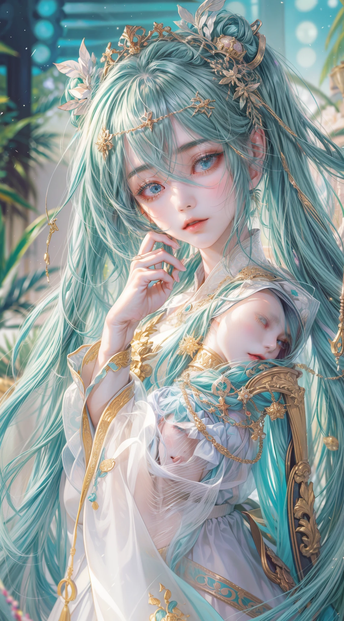 Absurdres masterpiece HDR high quality picture of Hatsune Miku, detailed face, detailed hair strands, beautiful face, simple pose, very long hair, ((random hair style:1 )) , anime eyes, light skin , 

Wearing empress outfit , detailed hair ornaments  , beautiful background, masterpiece scenery