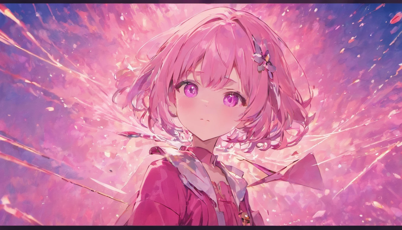 Pink girl with silver hair, Pink eyes, Very short hairstyle, A shy smile, hair clips, Long sleeves, Small chest, reflection, Contre-Jour, landscape, Light scattering, Transparency of the light, (bustup:1.2), (masutepiece). (Best Quality, 8K, hight resolution), Ultra-detailed, (Realistic), Vivid colors.yuki