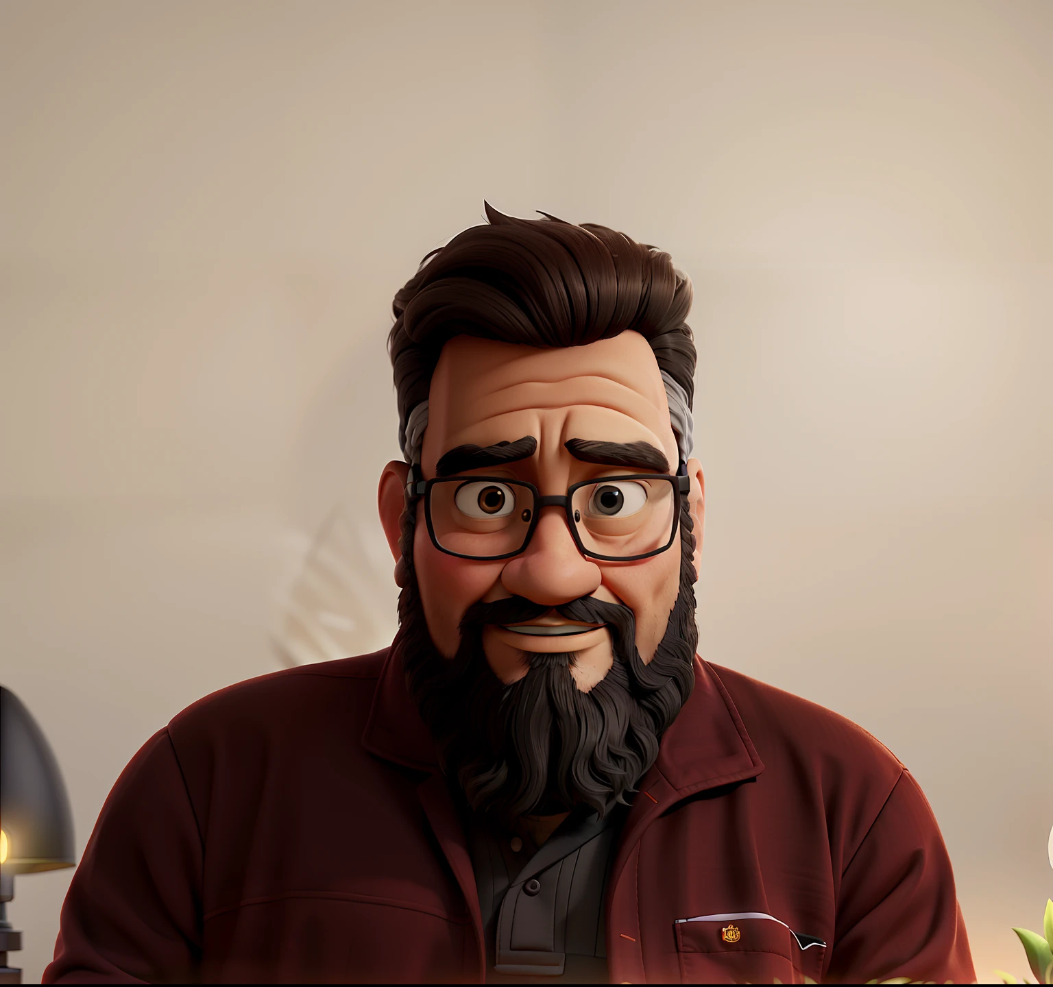 A wise man with a beard, Wearing a tech suit, illuminated by the light of a lamp, contra o pano de fundo do interior de uma nave espacial mostrando as janelas com os planetas e estrelas.