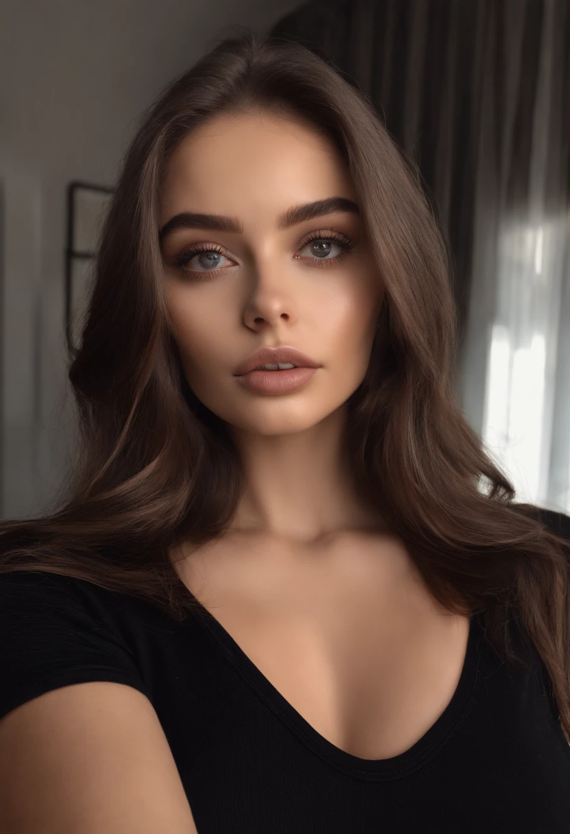 arafed woman with black clothes, sexy girl with brown eyes, portrait sophie mudd, brown hair and large eyes, selfie of a young woman, club eyes, violet myers, without makeup, natural makeup, looking directly at the camera, face with artgram, subtle makeup, stunning full body shot, in bedroom, cleavage