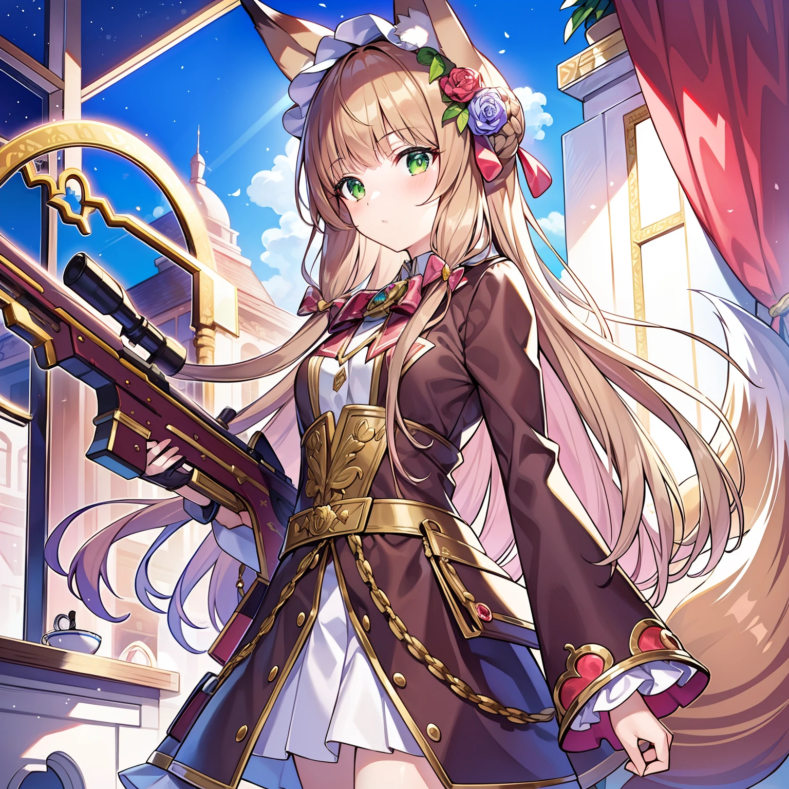 tmasterpiece，best qualtiy，A high resolution，1girll, Solo, (8K wallpaper), (Long brown hair)，(Huge fox tail:1.2)，Green eyes，Small flower headdress，16-year-old girl_C cup，Modern architecture，The girl of the ribbon part，Aim with a bow and arrow，Wearing a bow uniform，watch from the side，