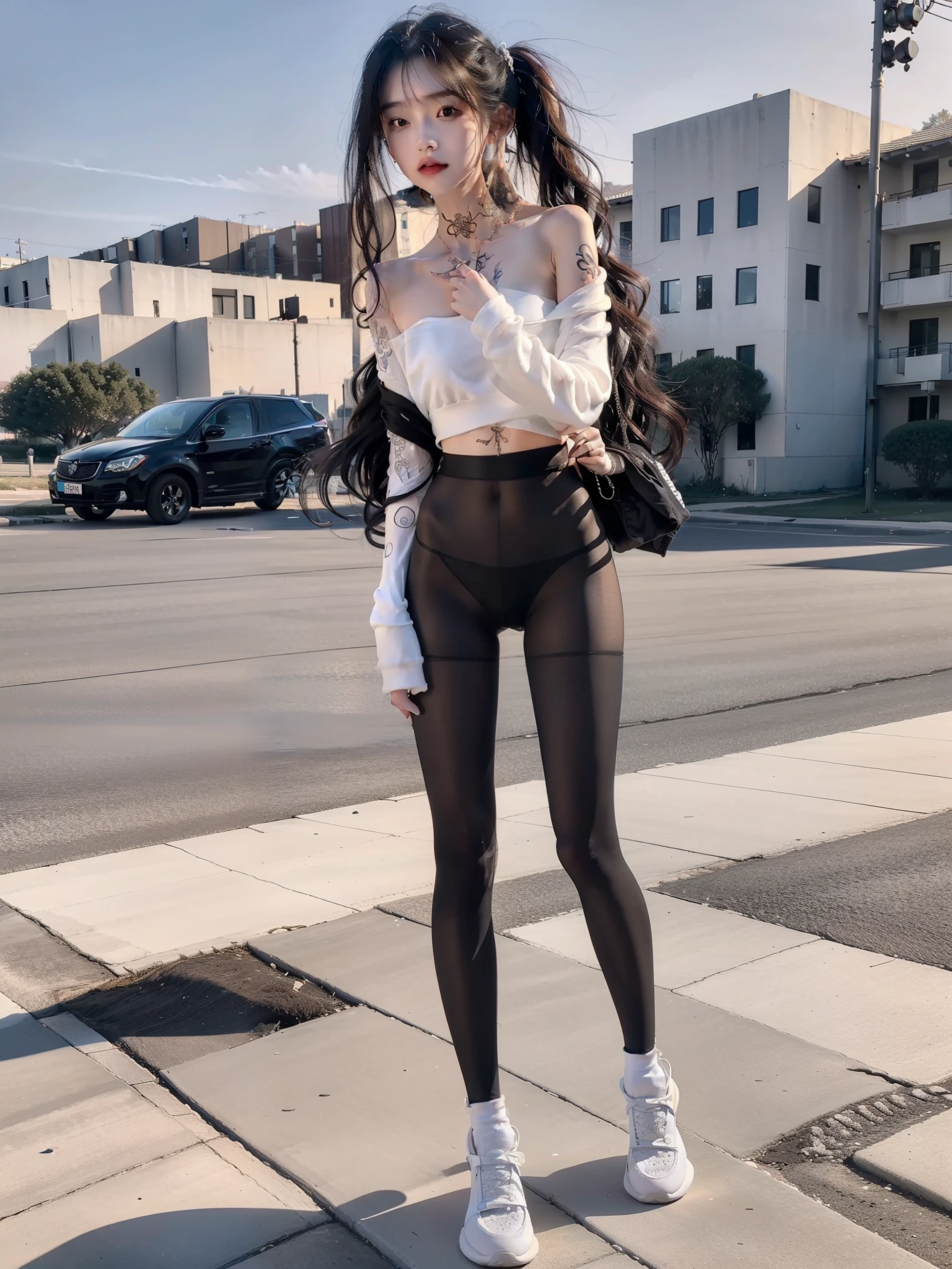 (full-body portraits:1.5),(1girll:1.3),(view the viewer:1.4),(anatomy correct:1.4),(White sweatshirt:1.2),(Black translucent pantyhose:1.3),(with tattoos:1.2),(wavy and long hair,Accurate and perfect face:1.3),(Slender and slender figure,Skinny,Skinny:1.2),(Smaller bust:1.3),(athletic sneakers:1.1),hyper HD, Ray traching, reflective light,structurally correct, Award-Awarded, High detail, Fade-in and fade-out shadow contrast, Face lighting ,Cinematic lighting, Masterpiece, super detailing, High quality, High detail, Best quality, 16k,High contrast