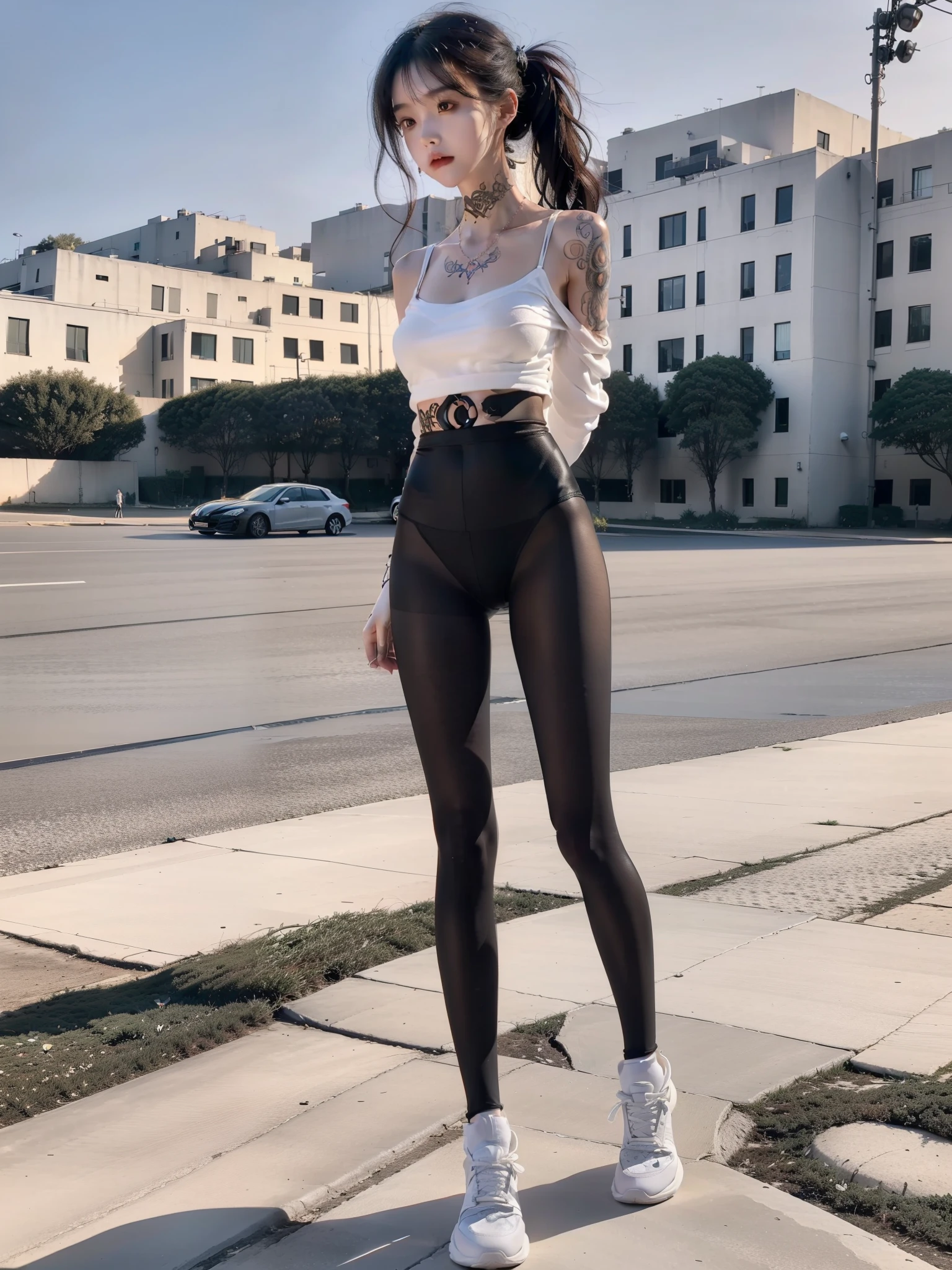 (full-body portraits:1.5),(1girll:1.3),(view the viewer:1.4),(anatomy correct:1.4),(White sweatshirt:1.2),(Black translucent pantyhose:1.3),(with tattoos:1.2),(wavy and long hair,Accurate and perfect face:1.3),(Slender and slender figure,Skinny,Skinny:1.2),(Smaller bust:1.3),(athletic sneakers:1.1),hyper HD, Ray traching, reflective light,structurally correct, Award-Awarded, High detail, Fade-in and fade-out shadow contrast, Face lighting ,Cinematic lighting, Masterpiece, super detailing, High quality, High detail, Best quality, 16k,High contrast
