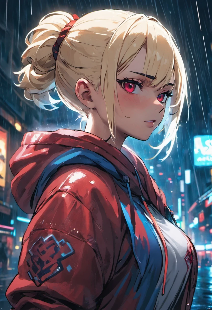 Closeup photograph, confident young cyberpunk woman with blonde and white hair in a bun, wearing a hoodie with red and blue designs on it, in a rain soaked street at night, photorealistic, cinematic lighting