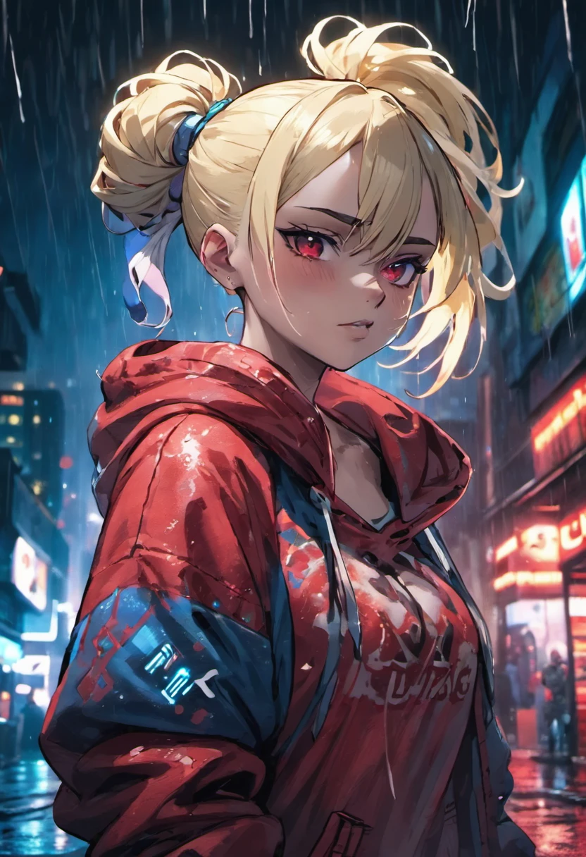 Closeup photograph, confident young woman with blonde and white hair in a bun, wearing a black uniform with blood on it, in a rain soaked street at night, photorealistic, cinematic lighting