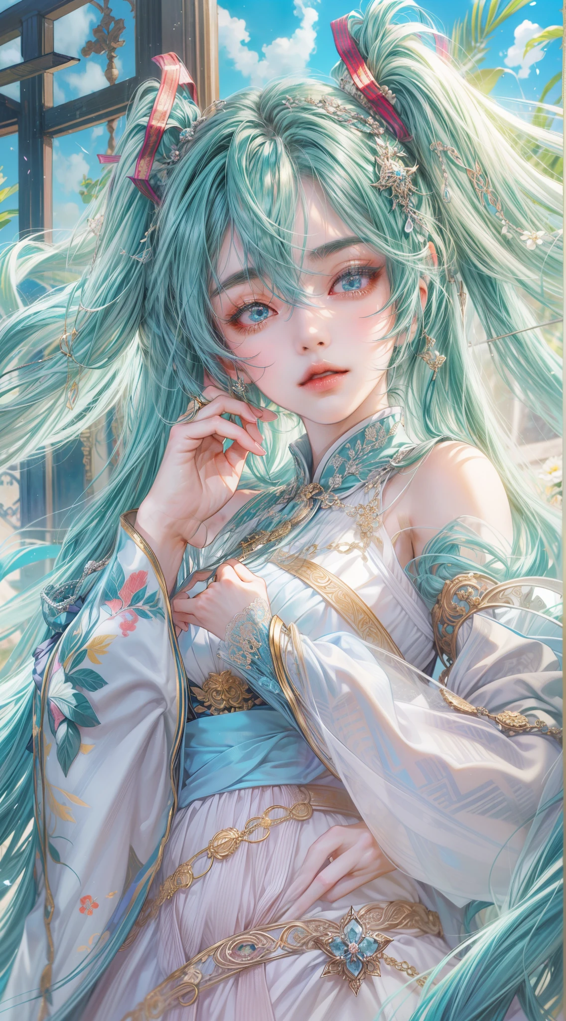 Absurdres masterpiece HDR high quality picture of Hatsune Miku, detailed face, detailed hair strands, beautiful face, simple pose, very long hair, ((random hair style:1 )) , anime eyes, light skin ,
Wearing empress outfit , detailed hair ornaments , beautiful background, masterpiece scenery